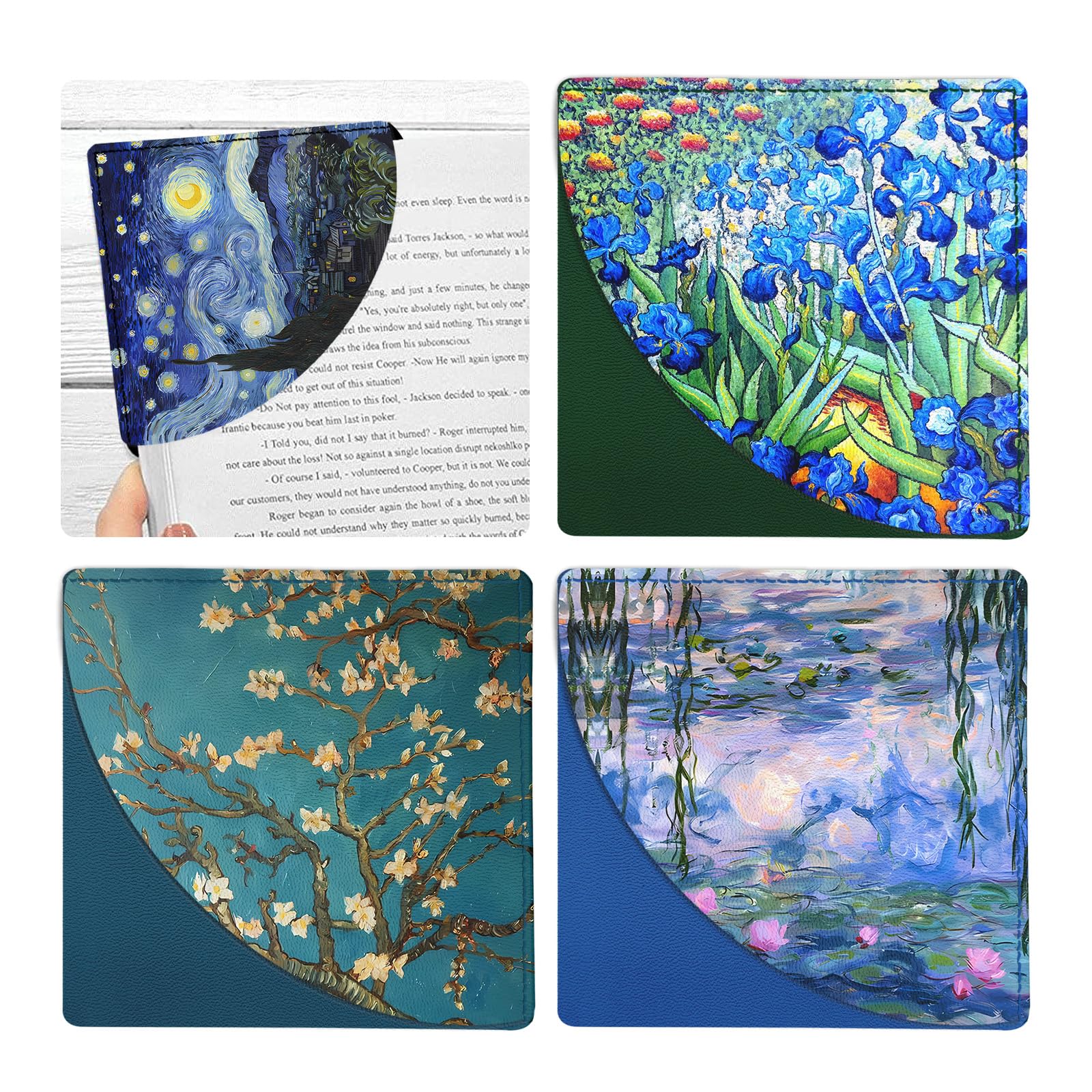 IBOVODI 4 Pcs Van Gogh Corner Bookmarks, Oil Painting Vintage Floral Leather Book Accessories for Book Lovers, Cute Flower Reading Book Page Markers