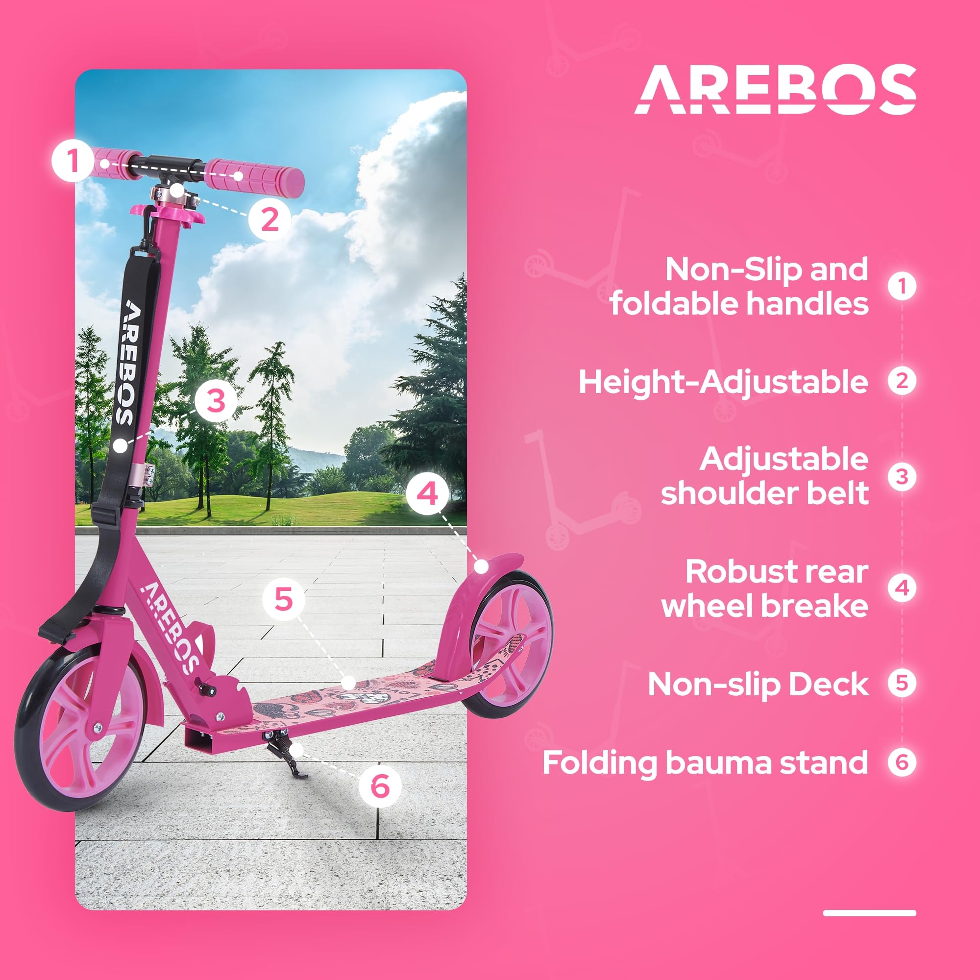 Arebos city scooter a pedali monopattino regolabile in altezza | pieghevole | incl. cinghia di trasporto | ruote XXL | freno a pedale | per bambini e adulti | capacità di carico fino a 100 kg