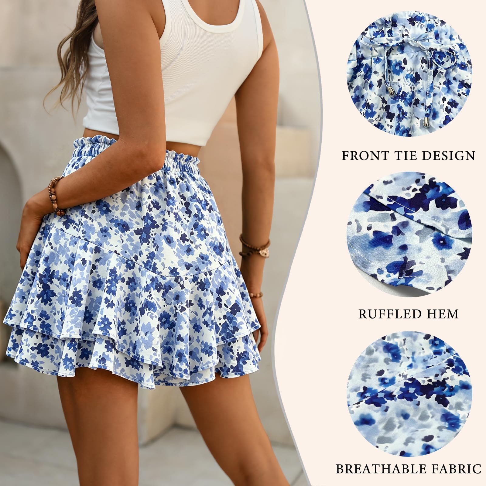 Short D'étéà Volants Taille Haute pour Femme Short de Plage Fluide et Léger Jupe Courte Décontractée à Taille Élastique et Cordon de Serrage
