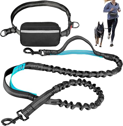 Correa de perro manos libres con cinturón Bungee sin tirones, asas acolchadas dobles y bolsa con cremallera para correr, caminar y entrenar Correa