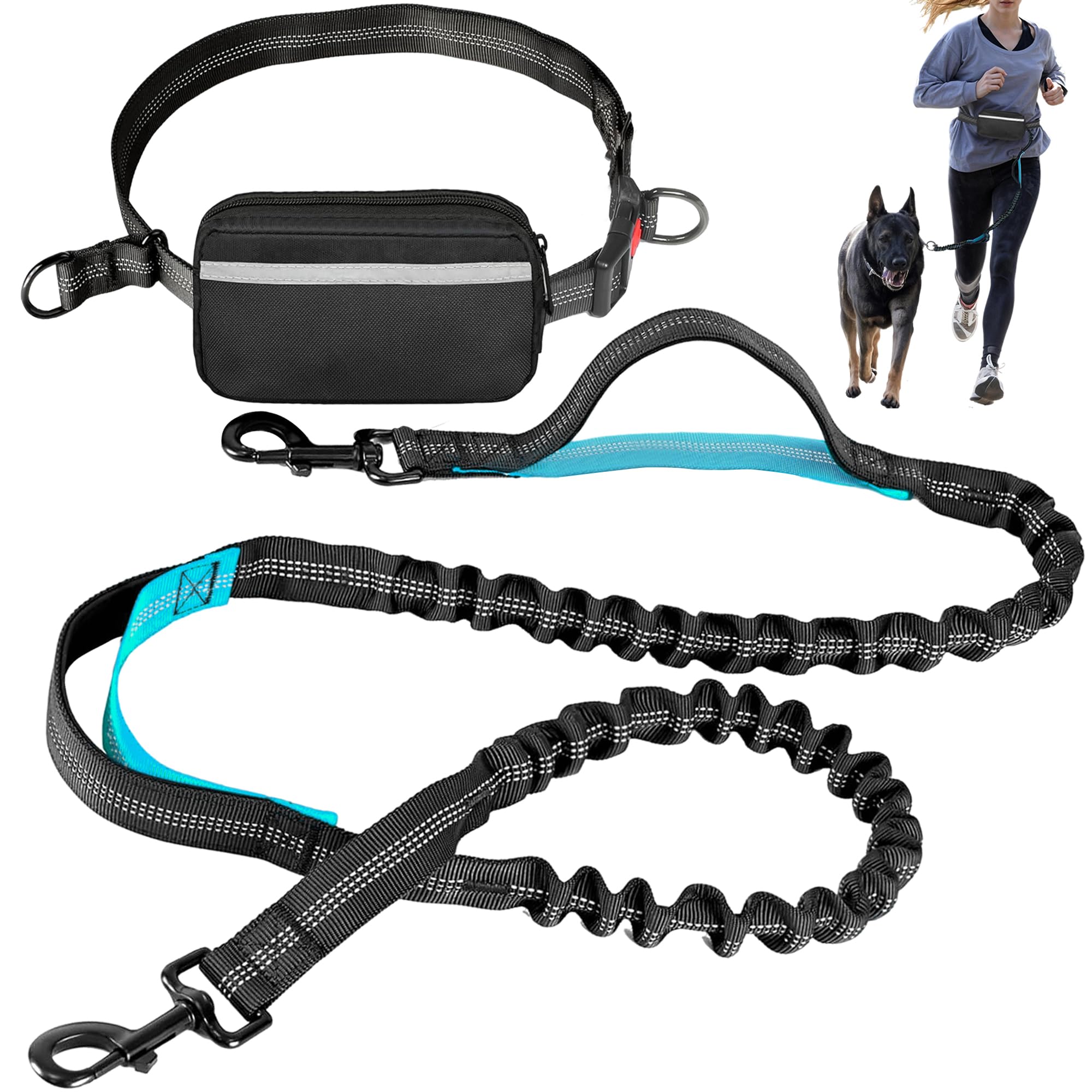 Hands Free Dog Leash with Waist Belt – No-Pull Bungee, Dual Padded Handles & Zipper Pouch for Running, Walking & Training – Adjustable Waist Leash for Large & Medium Dogs (Black)