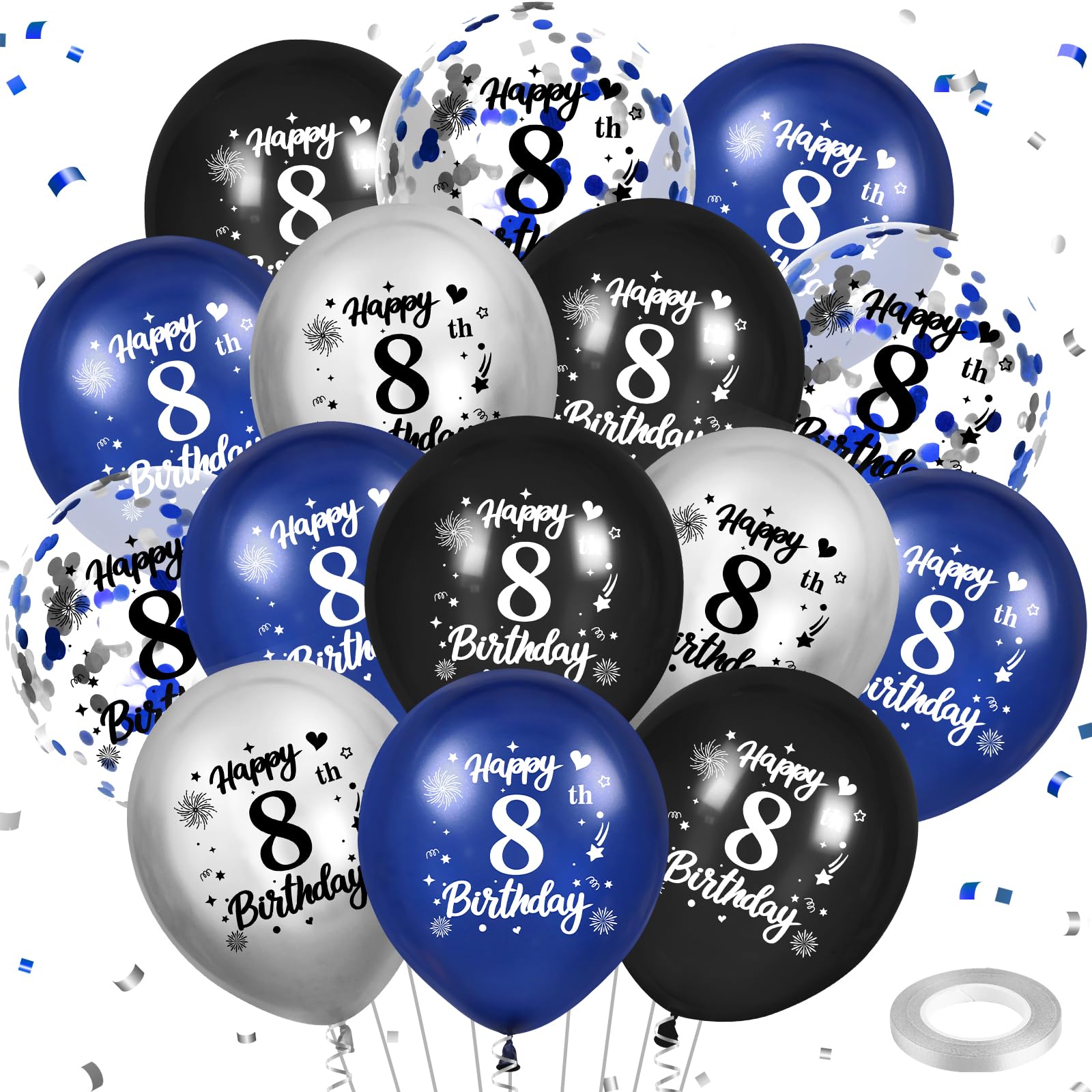 Blue 8th Birthday Balloons 24Pcs Navy Blue Black Silver Happy 8th Birthday Latex Balloons Confetti Balloon for Boys Girls 8 Birthday Anniversary Party Decorations Supplies 12 Inch