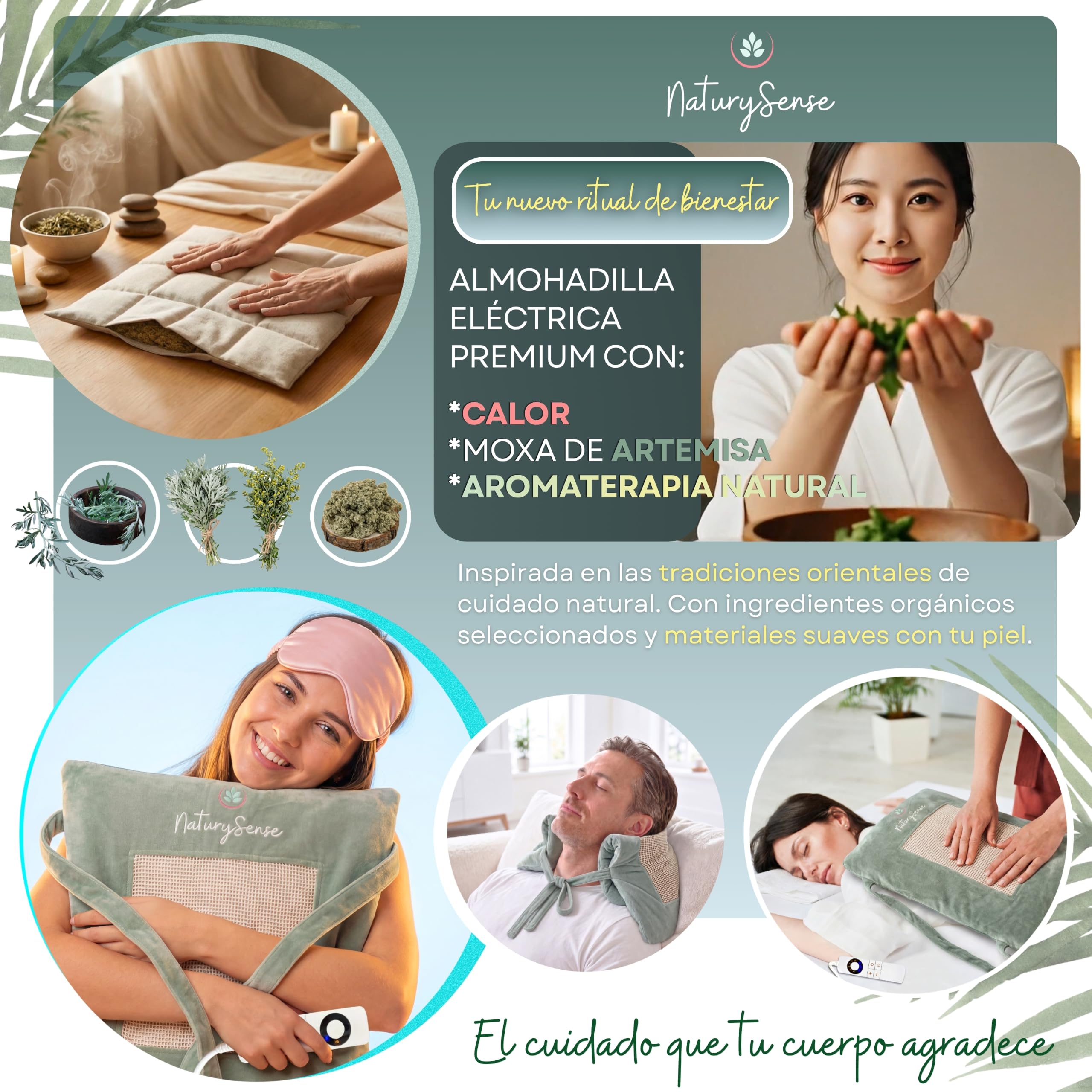 Almohadilla Eléctrica Premium con moxa de Artemisa. Multizona | 42 x 42 cm, 6 niveles de calor,temporizador 30/60/90 min, algodón orgánico,4 bandas de sujeción,lumbar,espalda,cuello,abdomen
