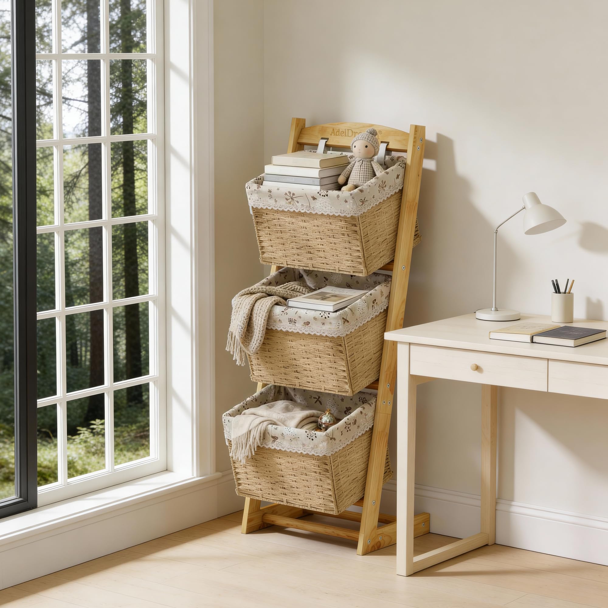 AdelDream Cesta de almacenamiento de madera maciza cesta de ratán estante de almacenamiento para el suelo sala de estar estante multifuncional estilo 2