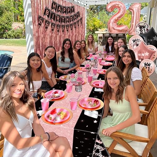 Miniatura 29 de Decoraciones de fiesta de oro rosa y negro – Cartel de feliz cumpleaños, globos, cortinas de flecos, mantel y decoración de pastel para niñas de 1