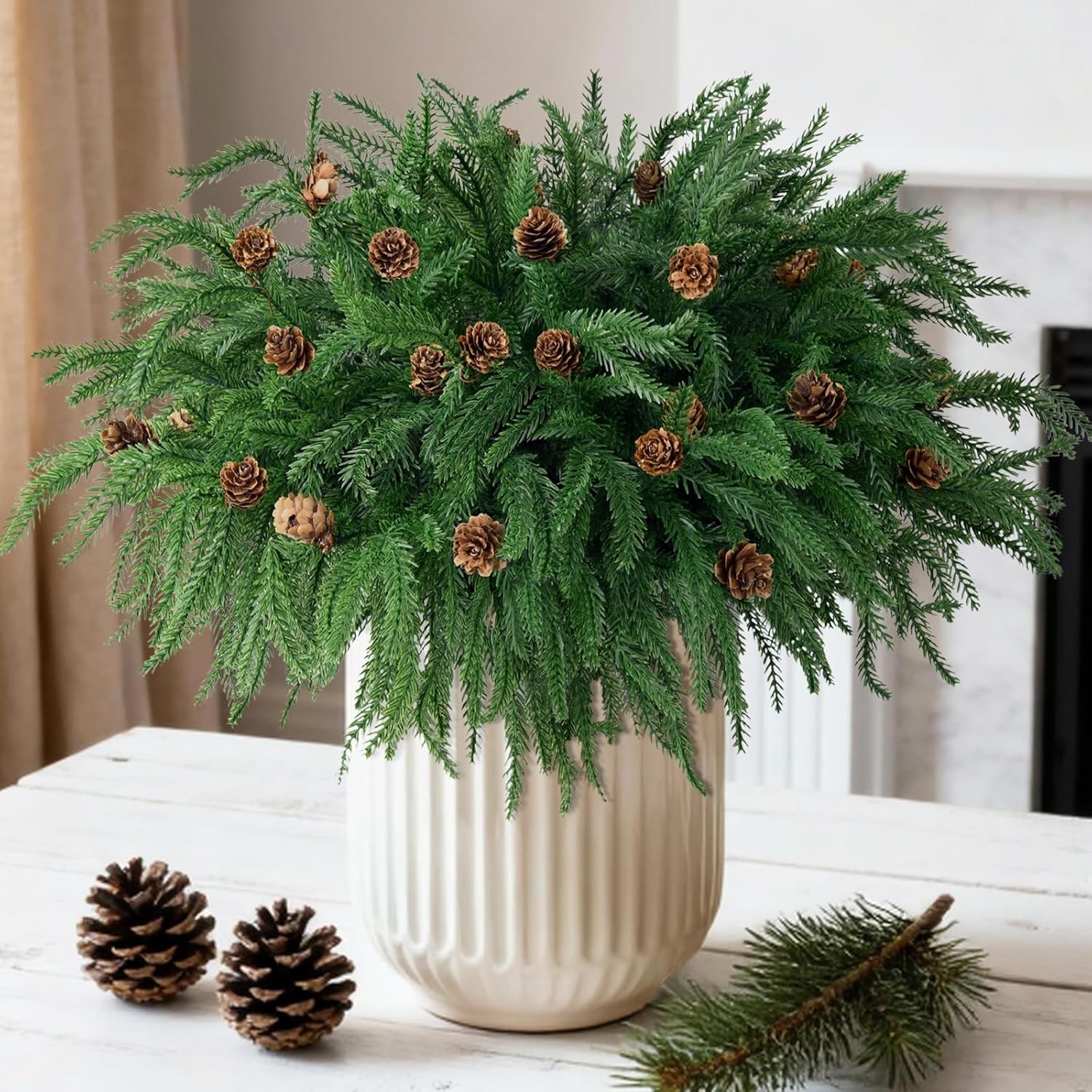 10 Pcs Artificial Christmas Norfolk Pine Branches with Pine Cones 16" Real Touch Faux Greenery Norfolk Pine Stems Branches Plants Pine Picks for Vase DIY Garland Xmas Indoor Outdoor Decor Pine Needles,cones 10