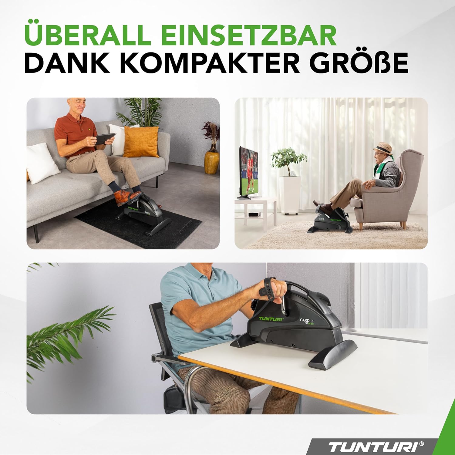 Four images showing adjustable foot straps, pedals for hands and feet, carry handle, and wide feet for stability