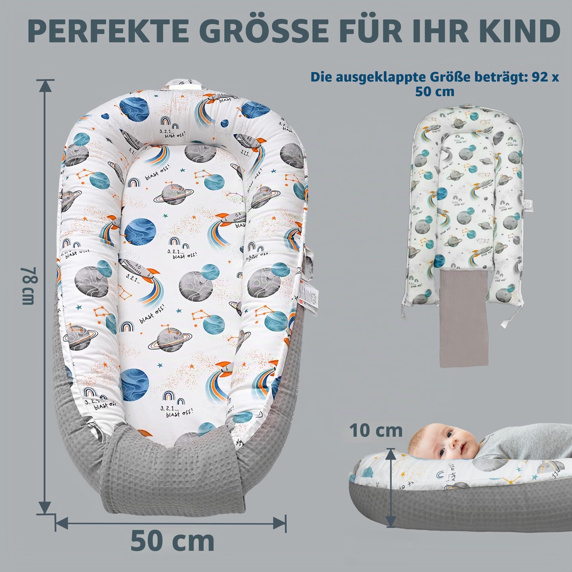 GloTika Babynest Neugeborene Liege mit atmungsaktivem & weichem Bezug für Zuhause und Reisen, niedliches Muster 0-24 Monate Neugeborene Babys Essentials Geschenke, Himmel