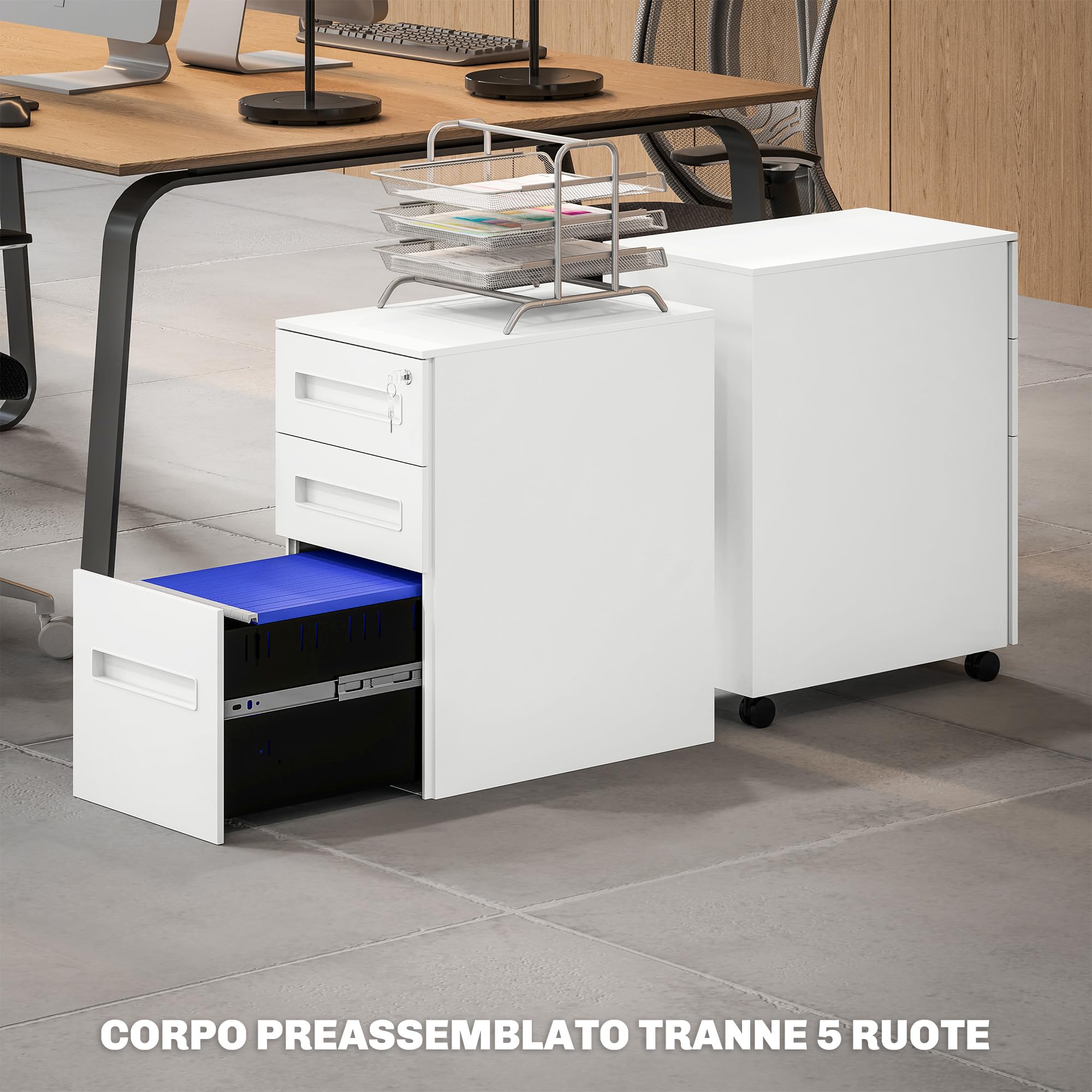 Vinsetto Cassettiera da Ufficio 5 Ruote 3 Cassetti con Serratura Bianco | Schedario Portadocumenti, Chiavi, Mobiletto Archivio per Documenti, Cartelle Sospese Formato A4 Lettera, Acciaio