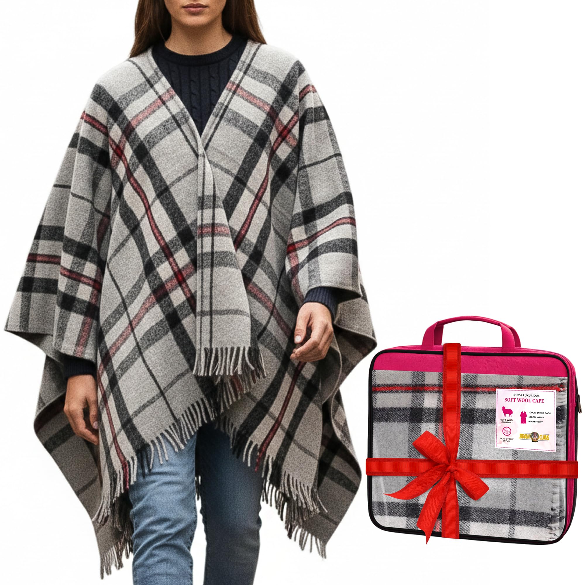 BRAW CLANS TARTANS Soft wool Tartan Poncho Blanket cape made in Scotland - Ruana cloak style - full body shawl - Mothers day Gift - Home, Travel, Camping - Thomsn Grey Tartan