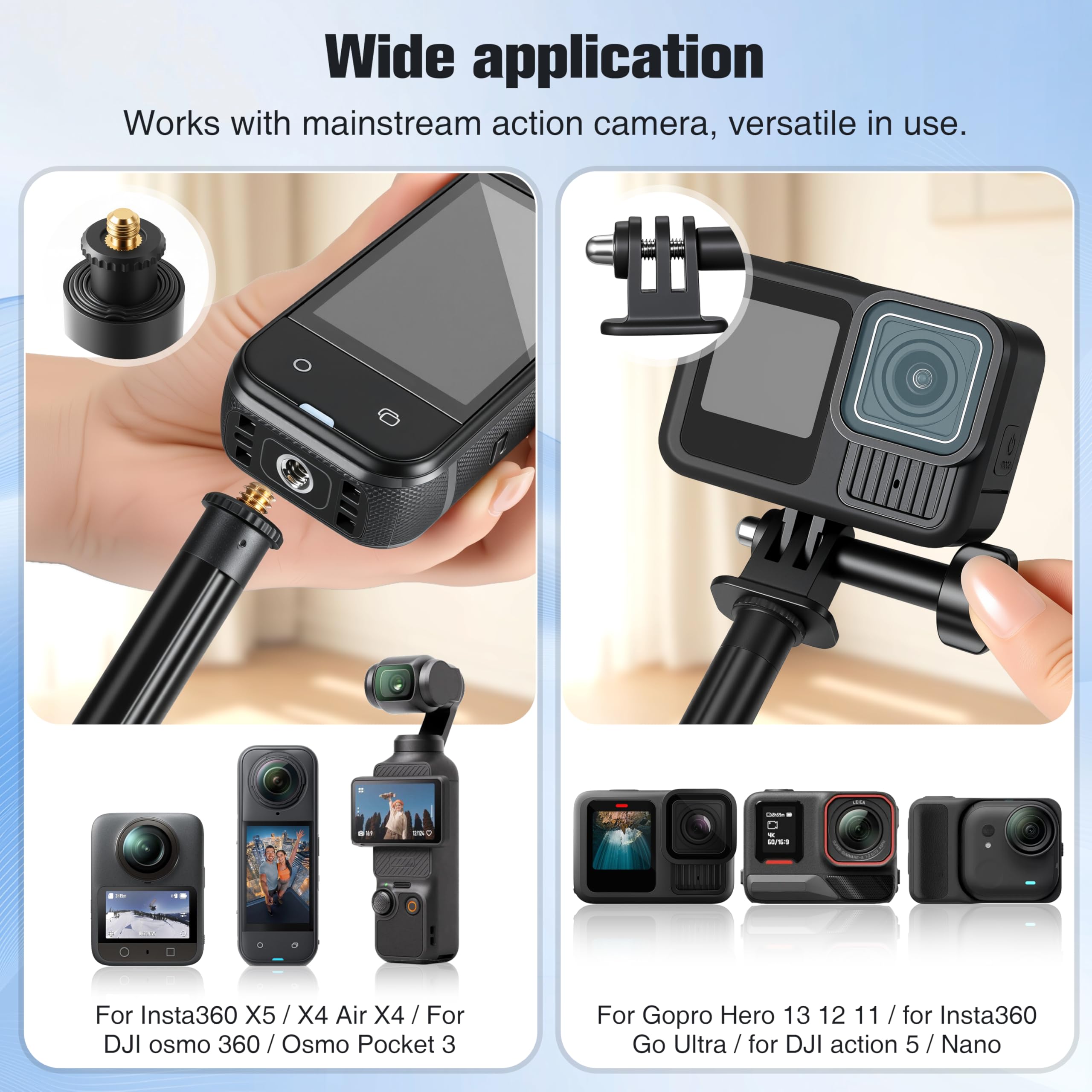 132 cm niewidoczny kijek do selfie do Insta360 X5/X4 Air Aluminium do GoPro 13/12/11 do DJI Osmo360/Action 6 5 Pocket 3 akcesoria, przedłużacz kijek do selfie z podwójnymi pazurami