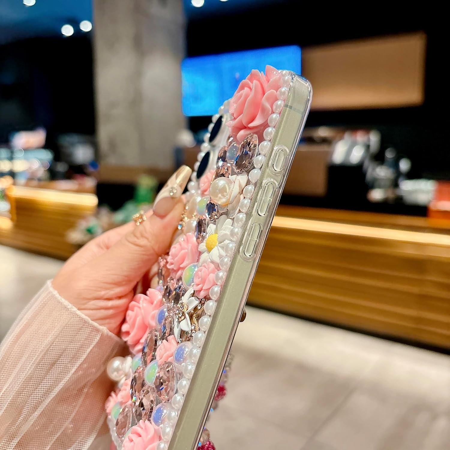 for iPhone 16 Case,Cute Bling Glitter Sparkle Stunning Stones Diamond Rhinestone 3D Handmade Pearl Rose Flower with Wrist Lanyard for Women Girly for iPhone 16 (Pink) - Image 6