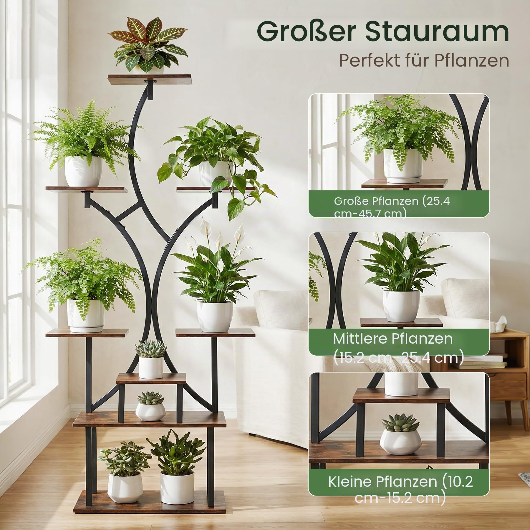 VAYALT Pflanzenständer, 162cm Hoch mit 8 Ebenen Blumenregal aus Holz & Metall, Pflanzenständer Mehrere, Indoor & Outdoor Pflanzenregal, Dekoratives Pflanzenregal für Balkon, Garten und Wohnzimmer