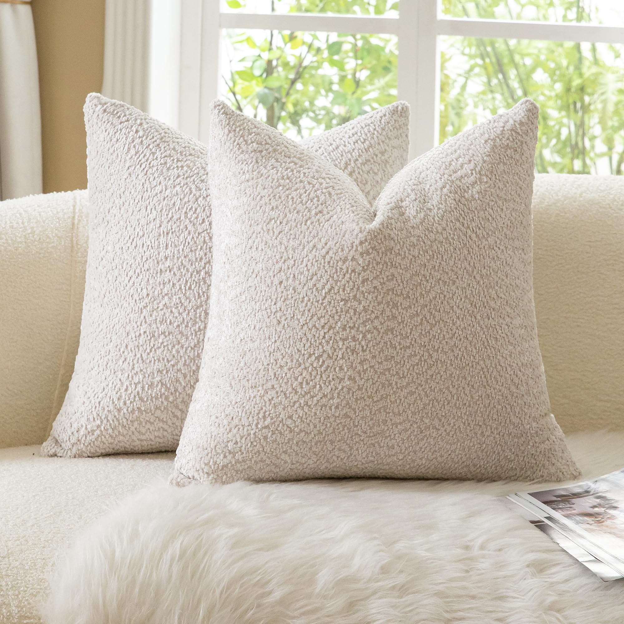 Neelvin Set of 2 Decorative Chenille Cushion Covers 16x16 Inch (40x40cm), Boucle Textured Soft Cozy Throw Pillow Covers for Couch, Living Room Sofa Bedroom Beige โ image 1