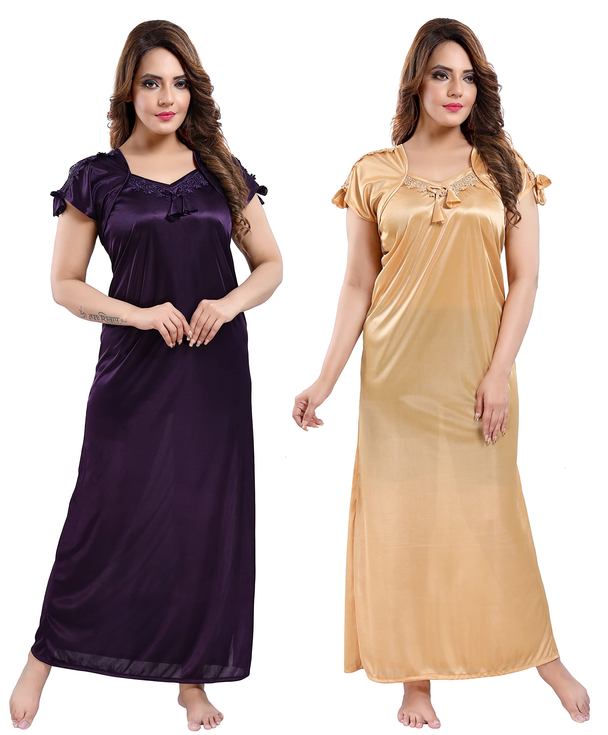 LIFE-TALE Women's Satin Solid Maxi Nighty (Pack of 2)(Combo)