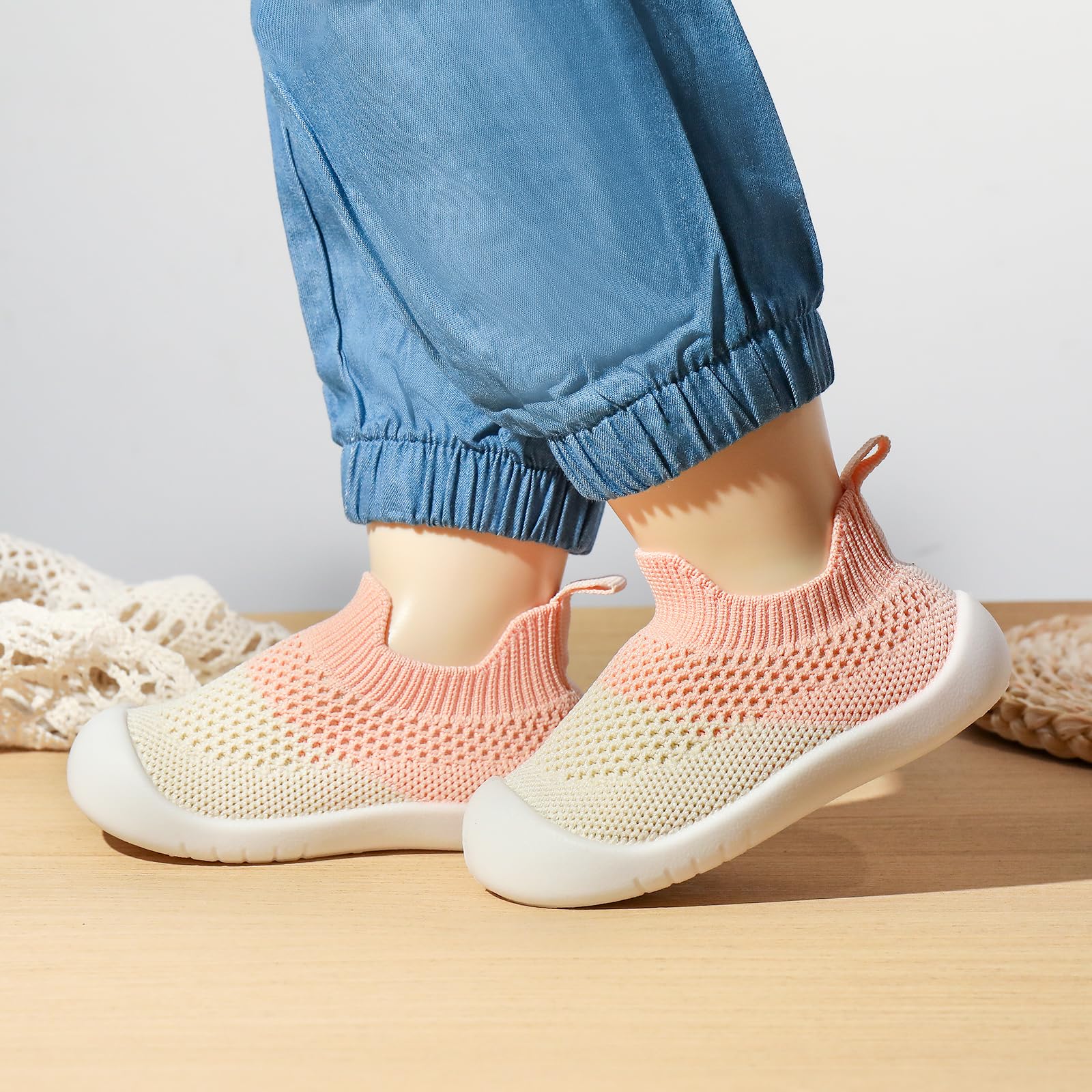 SEBELLST Baby Shoes Boys Girls Breathable Mesh First Walking Shoes Kids Lightweight Toddler Slip On Indoor Floor Slipper Cotton Sneakers(Pink,12-18 Months)