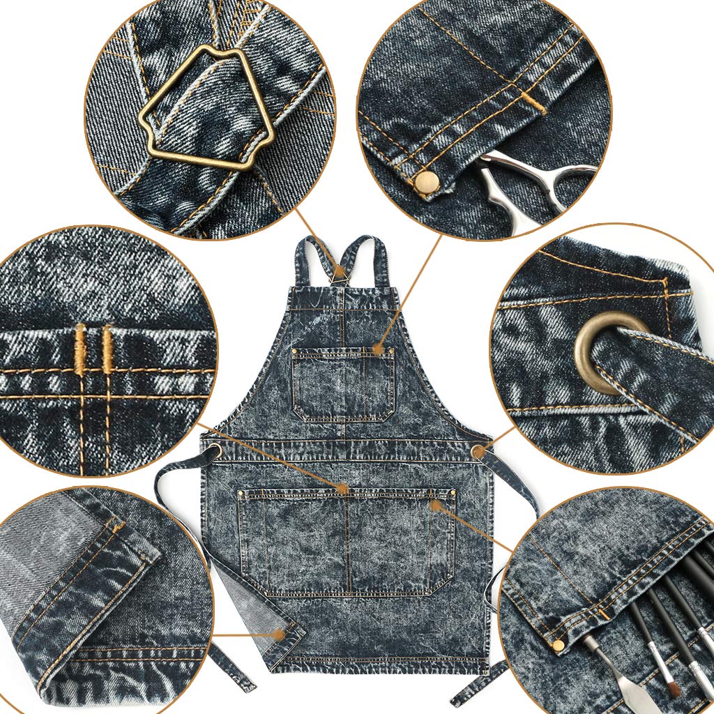 Jeanerlor Grembiuli in denim con tasche per donna lavoro insegnante grembiule per la lavorazione del legno parrucchiere (nero) cinghie incrociate e regolabile da S a M