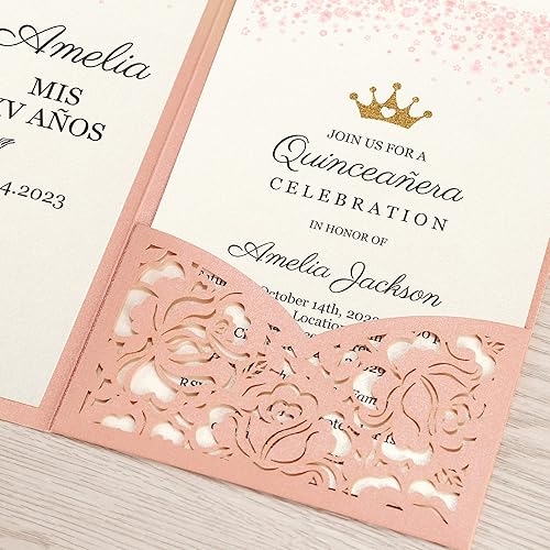 Vista 88 de DORIS HOME 50 bolsillos de invitación de boda cortados con láser con sobres azules, tarjetas de invitación de 5.12 x 7.12 pulgadas para boda