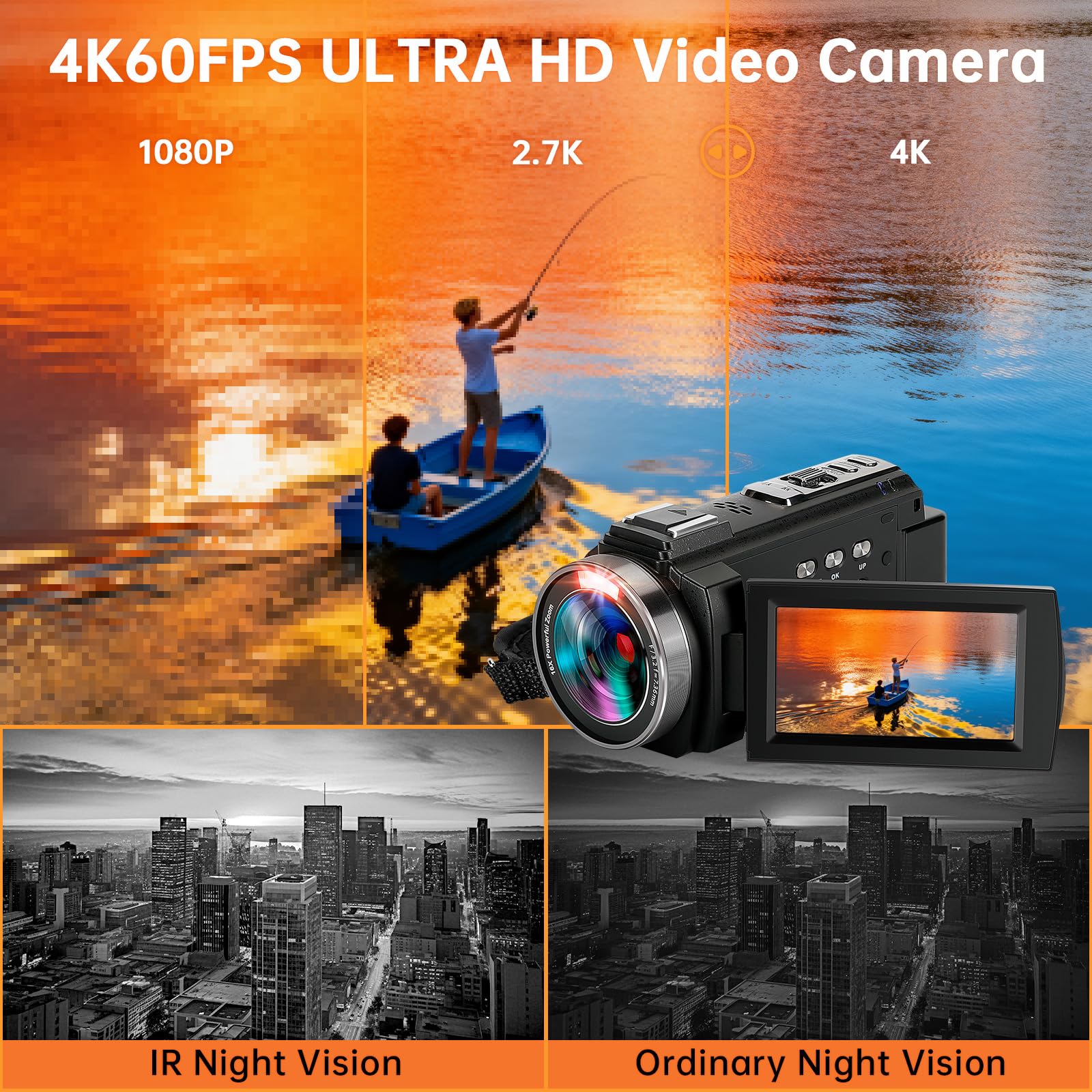 Videocamera 4K60FPS 48MP Vlogging Camera per YouTube Touch Screen da 3 pollici Zoom digitale 16X WiFi IR visione notturna con 2 batterie Microfono stereo esterno, telecomando, paraluce, stabilizzatore