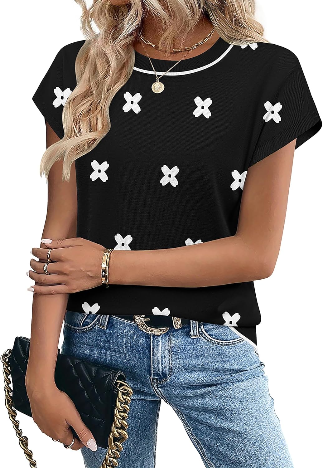 Zeagoo Womens Summer Short Sleeve Tops Crew Neck Pullover Sweaters Cap Sleeve Loose Dressy Casual Blouse Basic Clothes