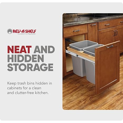 Rev-A-Shelf 27 Qt Top Mount Double Pullout Under Cabinet Kitchen Trash Cans w/Soft-Close for Base Cabinets, 150 Pound Rated Full-Extension Slides, Min Opening Width of 12, Silver, 4WCTM-15BBSCDM2