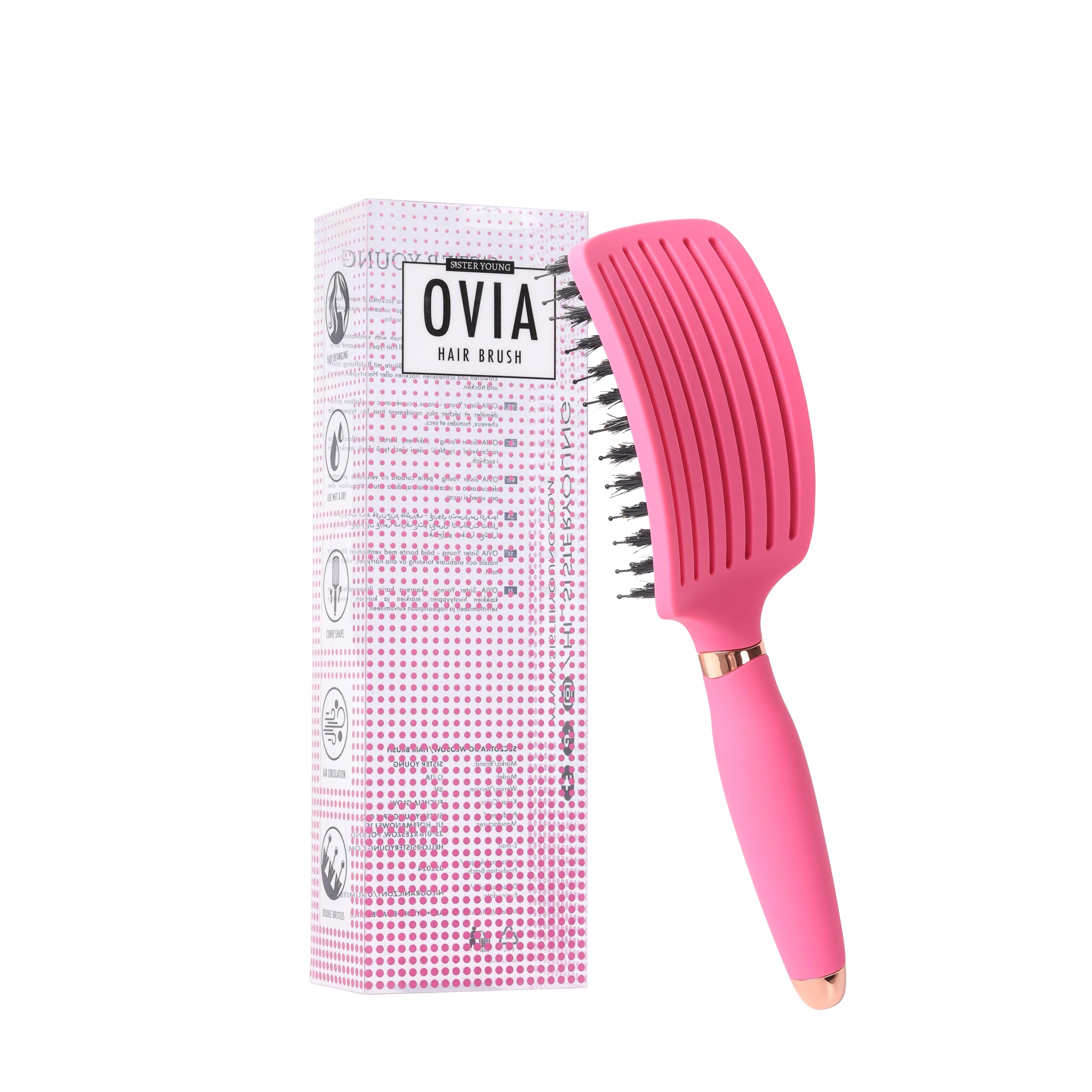Sister Young Ovia Professional Vented Hair Brush with Boar Bristles for Volume, Shine & Healthy Hair, Detangling & Styling without Pulling (Fuchsia)