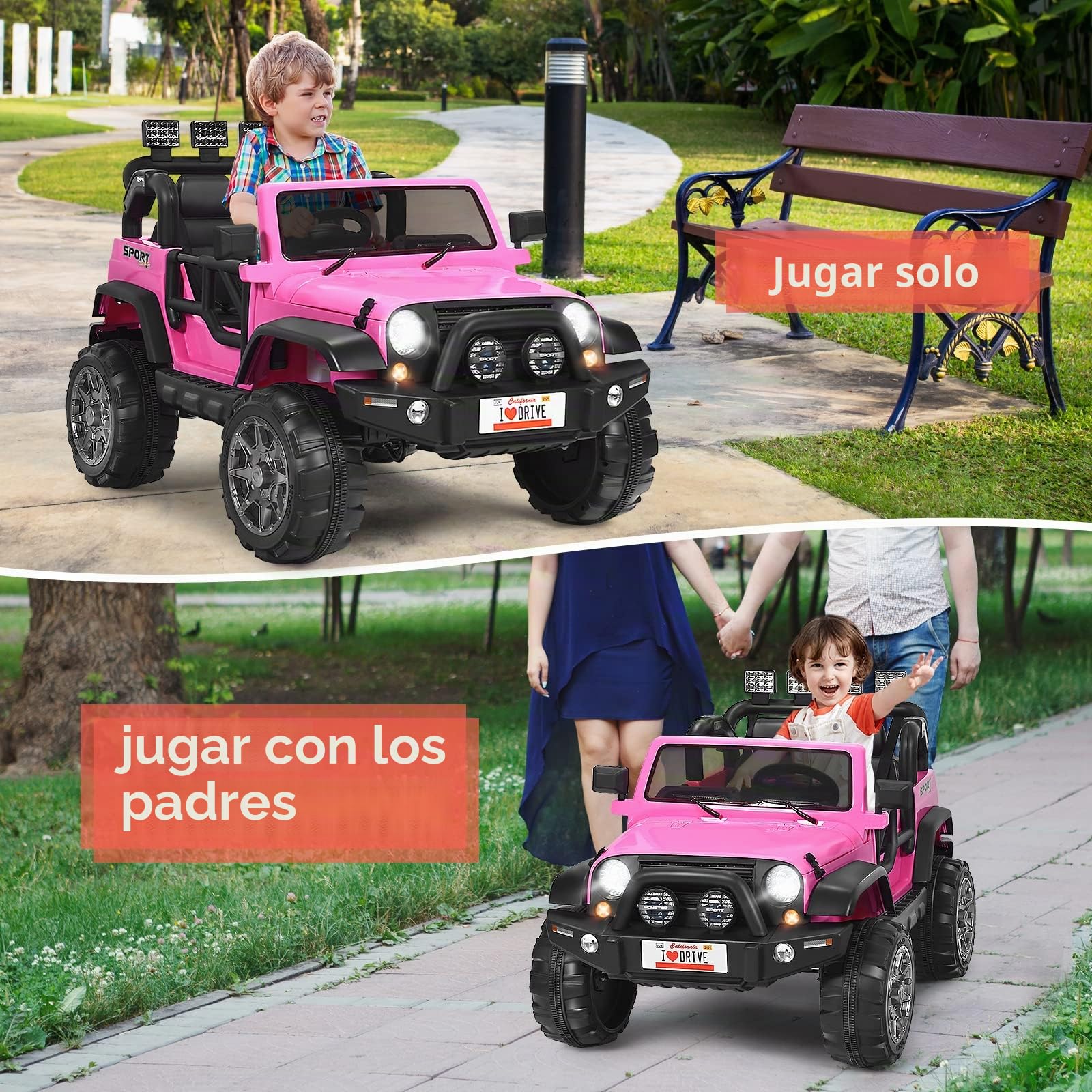 GOPLUS Coche Eléctrico para Niños, Batería 12V con 2 Plazas, Mando de 2,4 GHz a Distancia Música Faros, Puerta de Doble, Suspensión Amortiguadora, Velocidad Ajustable, Carga 50kg, 123x80x80, Rosa