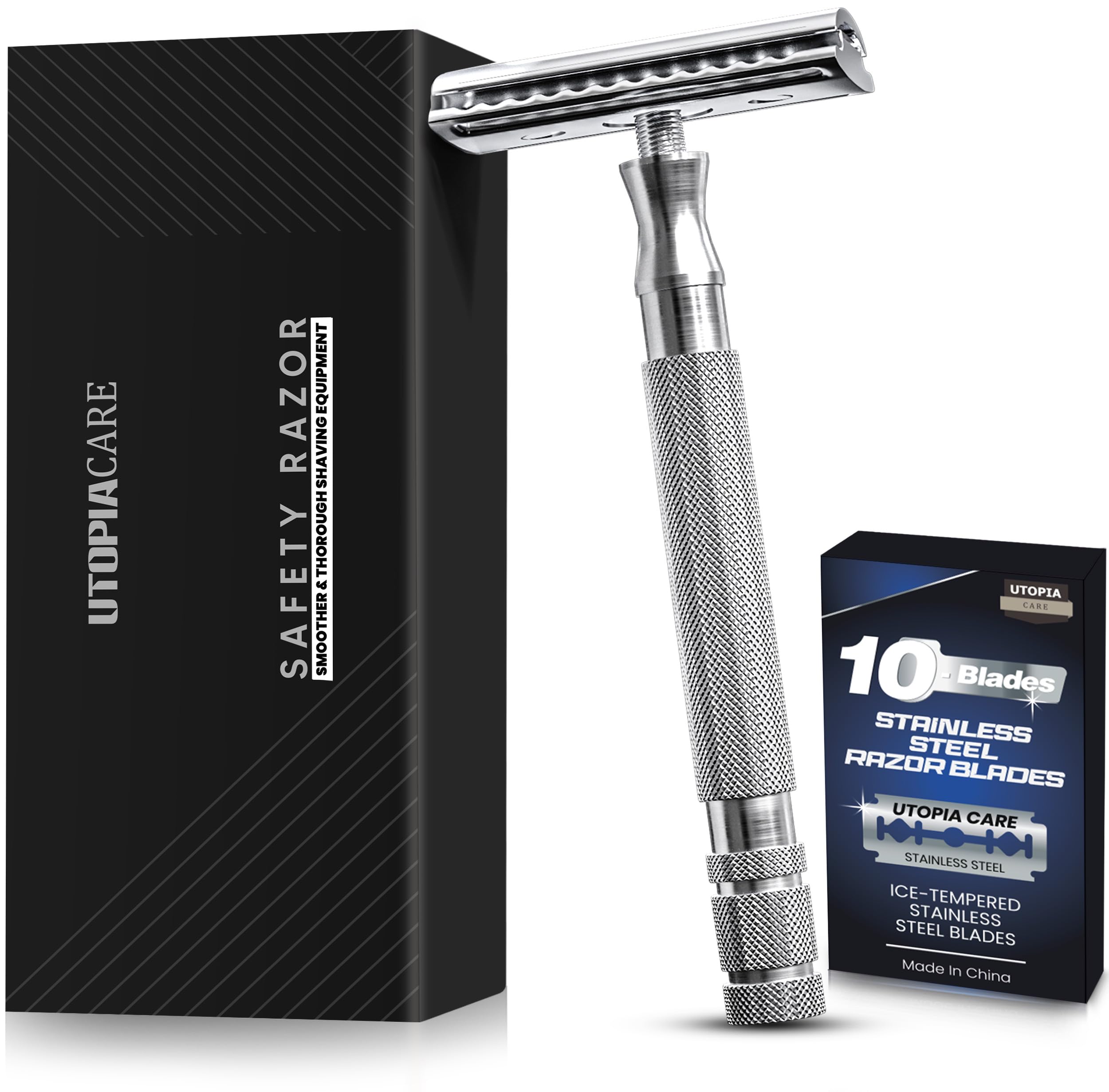Utopia Care Double Edge Safety Razor for Men & Women with 10 Premium Stainless Steel Blade Refills, Reusable Single Blade Razor, Silver