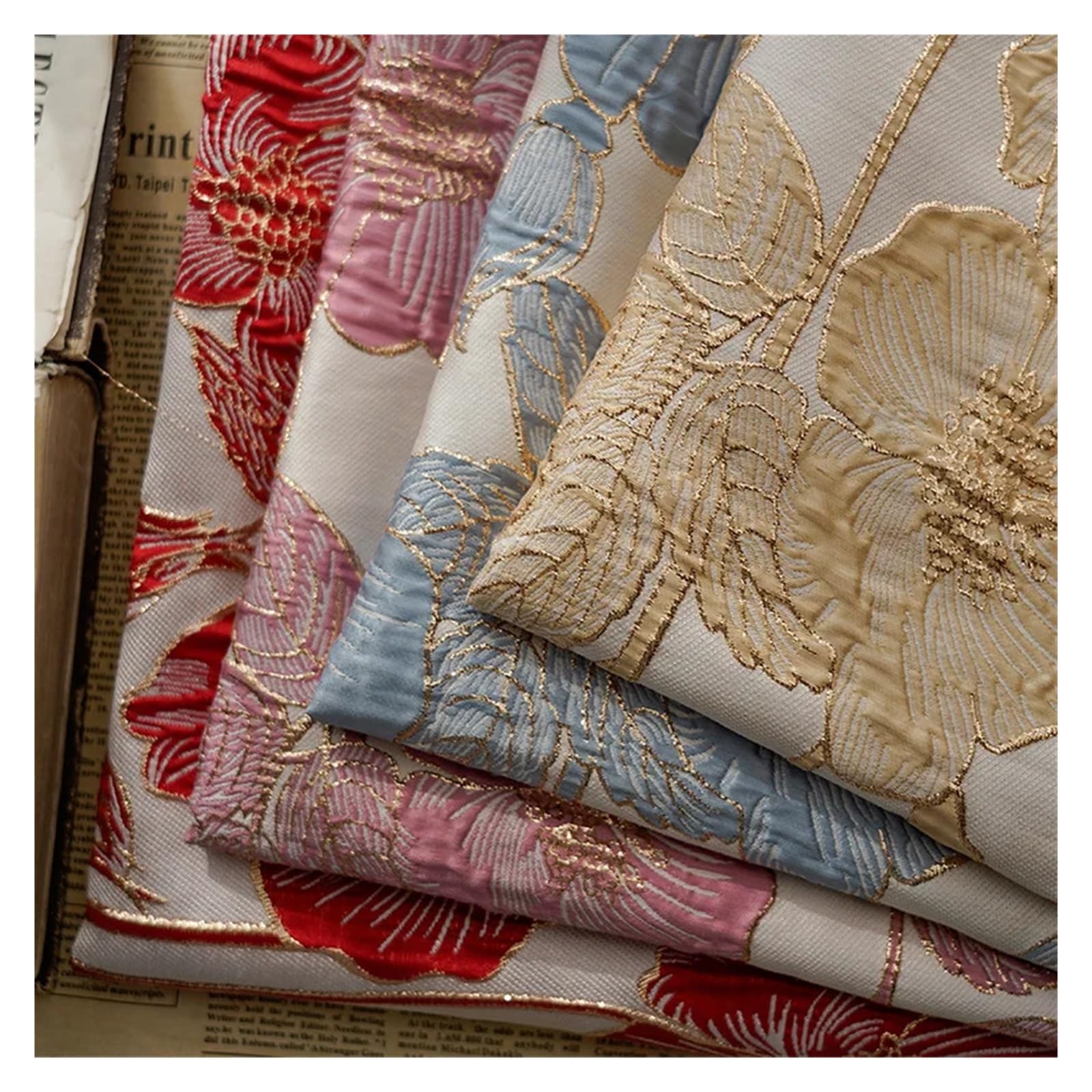Tejido de satén sedoso líquido, Vestido rígido de flores seda dorada en relieve, satén Jacquard teñido con hilo multicolor, 45cm x 145cm(Blue Grey)