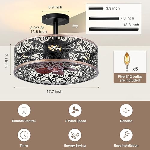 Miniatura 3 de REDSTAR Ventiladores de Techo con Luces - Ventilador de Techo Pequeño de Estilo Granja con Luz y Control Remoto, Ventilador de Techo Industrial