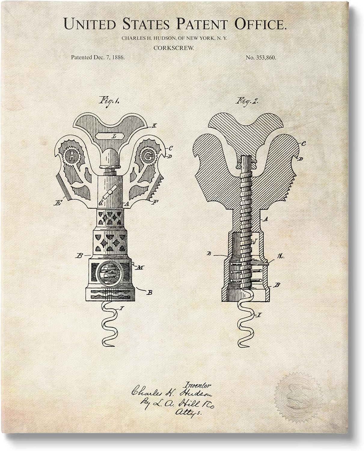 Stupell Industries Detailed Vintage Bottle Corkscrew Patent Blueprint Diagram, Design by Karl Hronek