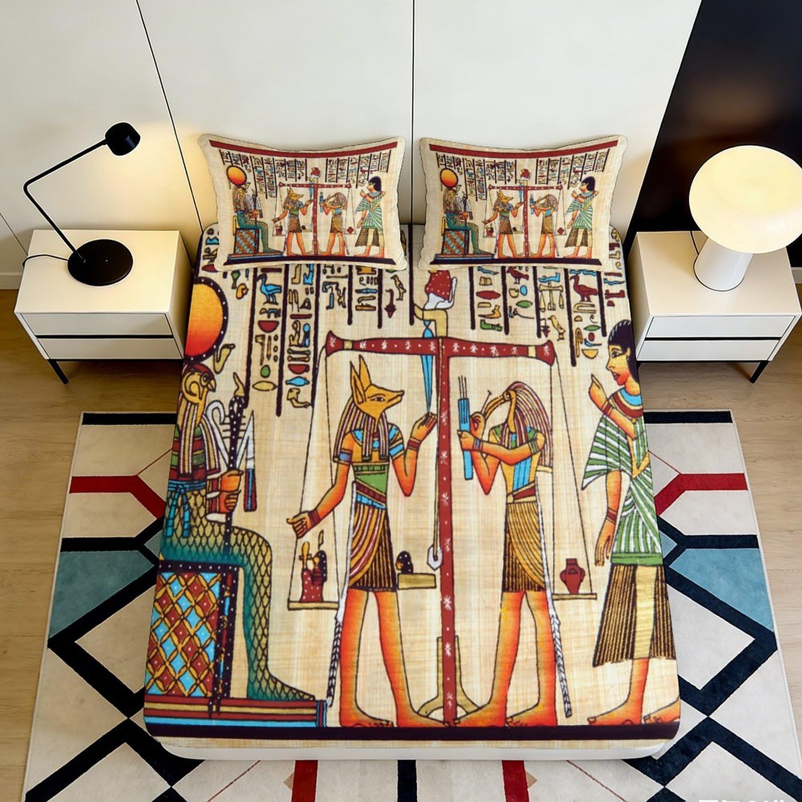 3D Printed Egyptian Hieroglyphs Fitted Sheet Microfiber Soft Breathable Pharaoh Art Mattress Cover for Bedroom Dorm Mattress Protection Decor 90x200x25cm