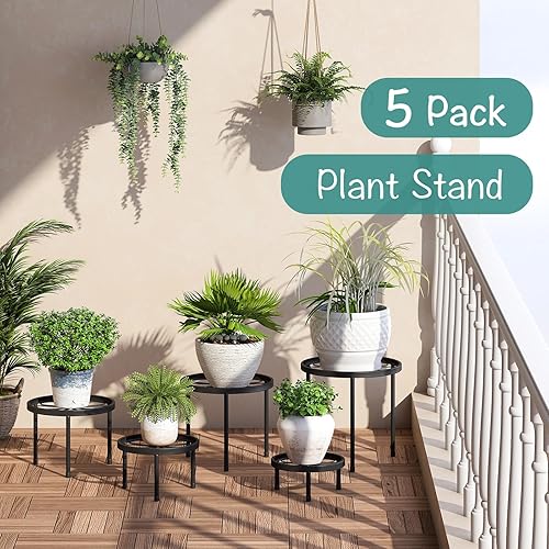 Miniatura 4 de Soportes negros para plantas de interior, paquete de 5 soportes de metal para plantas, estante resistente para múltiples plantas, estantes de