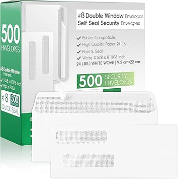#8 Double Window Security Check Envelopes,Double Window Self Seal Security Envelopes,No.8 Double Window Bussiness Envelopes,500 Pack,Size 3 5/8 x 8 11/16 Inches,Designed for ChecksNOT for INVOICES