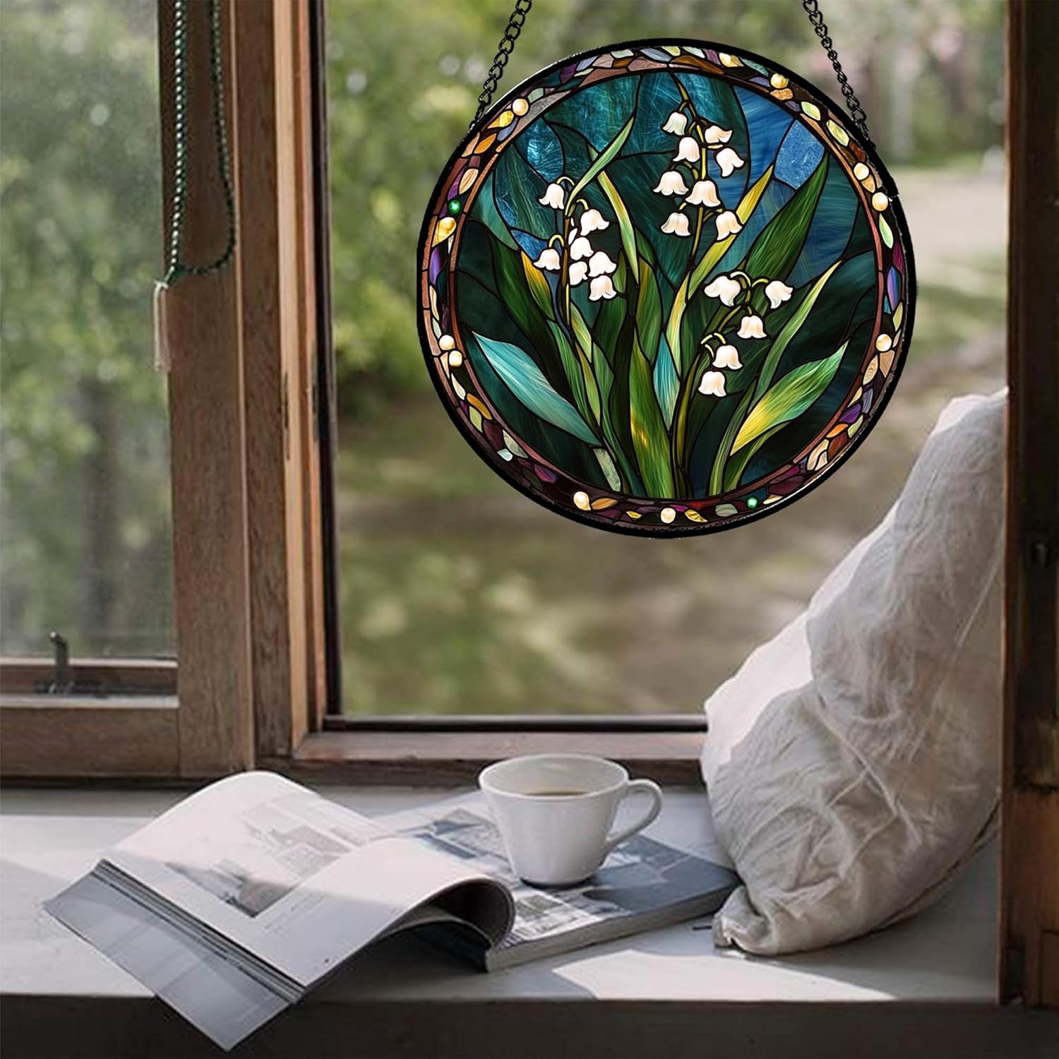 Stained Glass Window Hanging - Retro Lily of The Valley Suncatcher for Door Garden Yard Flower Sun Catchers Decor Christmas Mother's Day Birthday Gifts for Women Mom Nana Friend 9.8 in