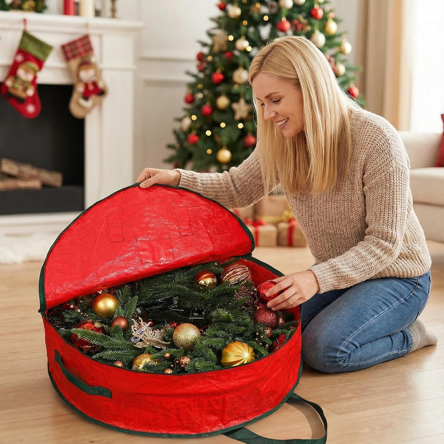 2 Pcs Wreath Storage Container，Christmas Storage Container 24 inch and 30 inch with Dual Zipper and Reinforced Handles, Durable Wreath Storage for Holiday Decoration(Red