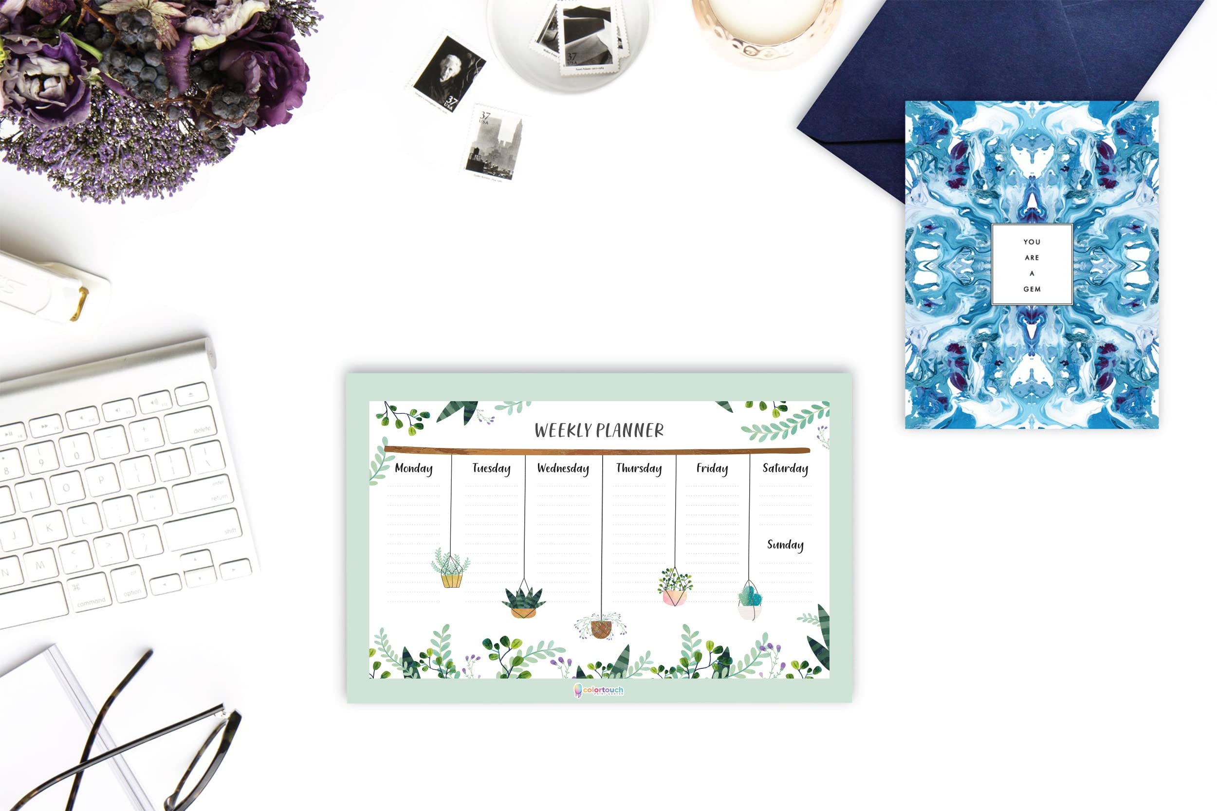 colortouch Haftalık, Günlük Planlayıcı Set - 50 Sayfa Tarihsiz Masaüstü Planner - Gençler, Kızlar, Yetişkinler için To Do List - 3 Parça - Green Serisi