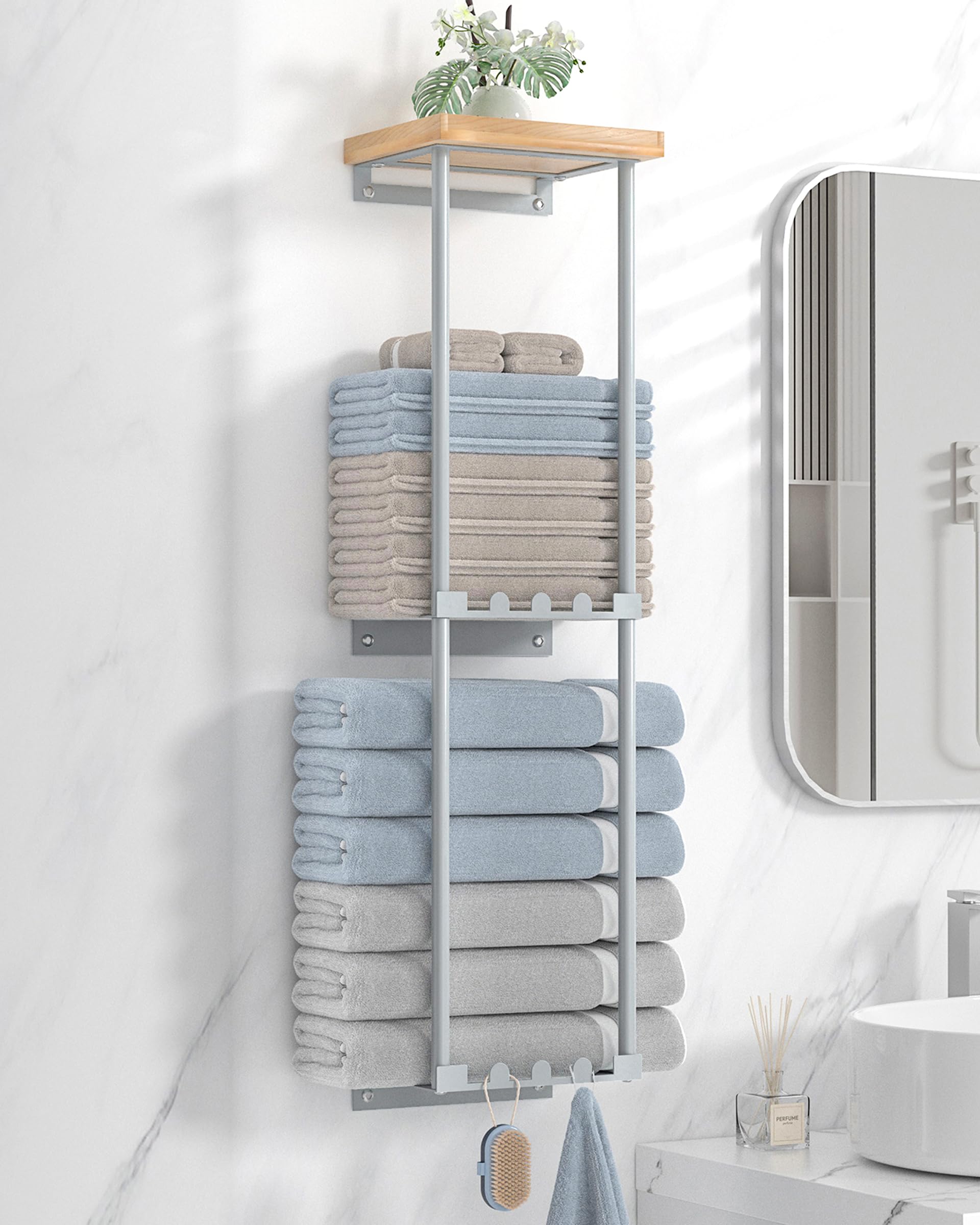 HapiRm Handtuchregal Badezimmer - Handtuchhalter Wand Montage, Handtuchregal mit Ablage, Handtuchhalter Bad, Handtuchhalter Schwarz, Gästehandtuchhalter mit 6 Handtuchhaken (Silber)