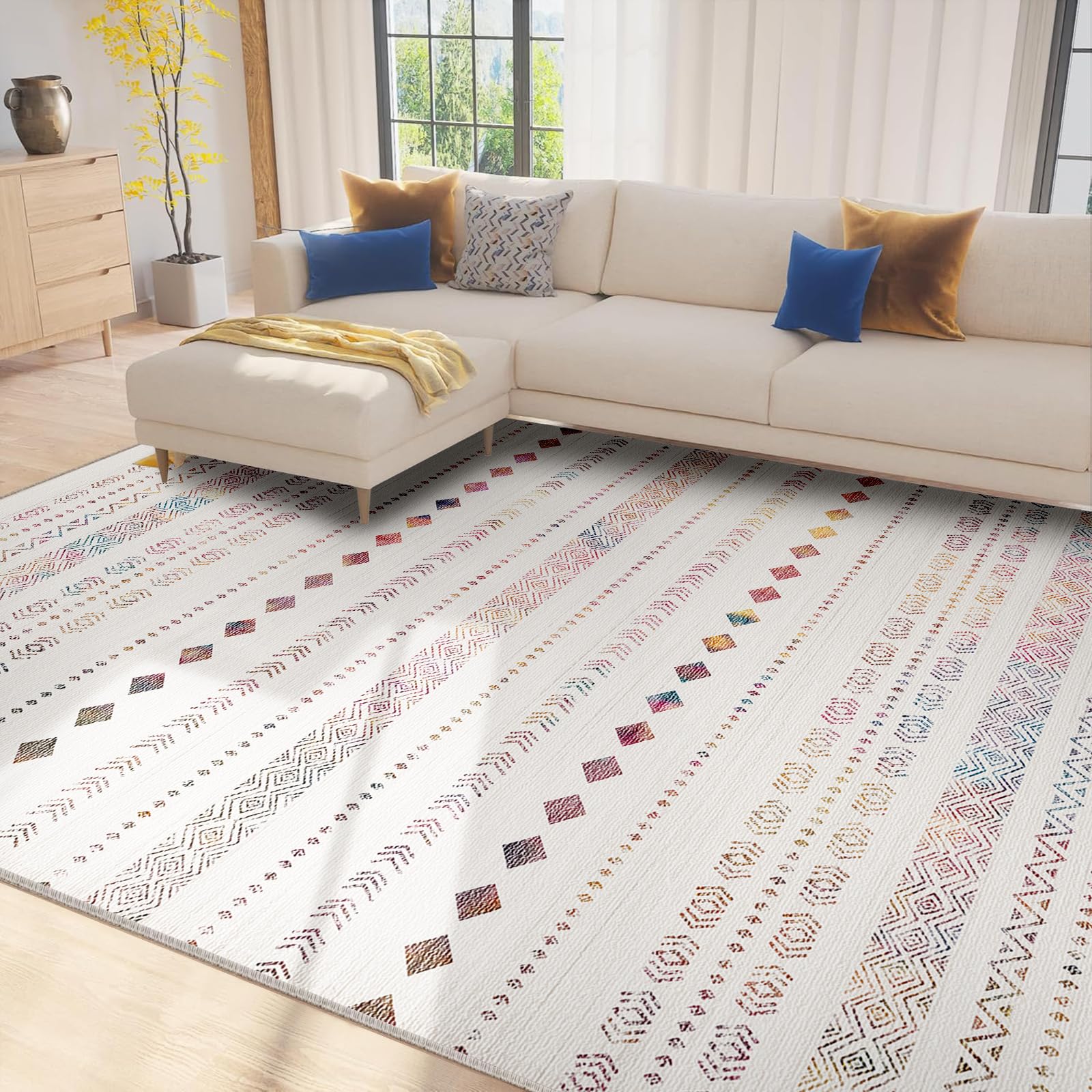 Area Rug 8x10 Washable Rugs for Living Room Rug Non-Slip, Soft Moroccan Geometric Farmhouse Low Pile Design Printed Carpet for Dining Room Bedroom Office Home Decor Colorful