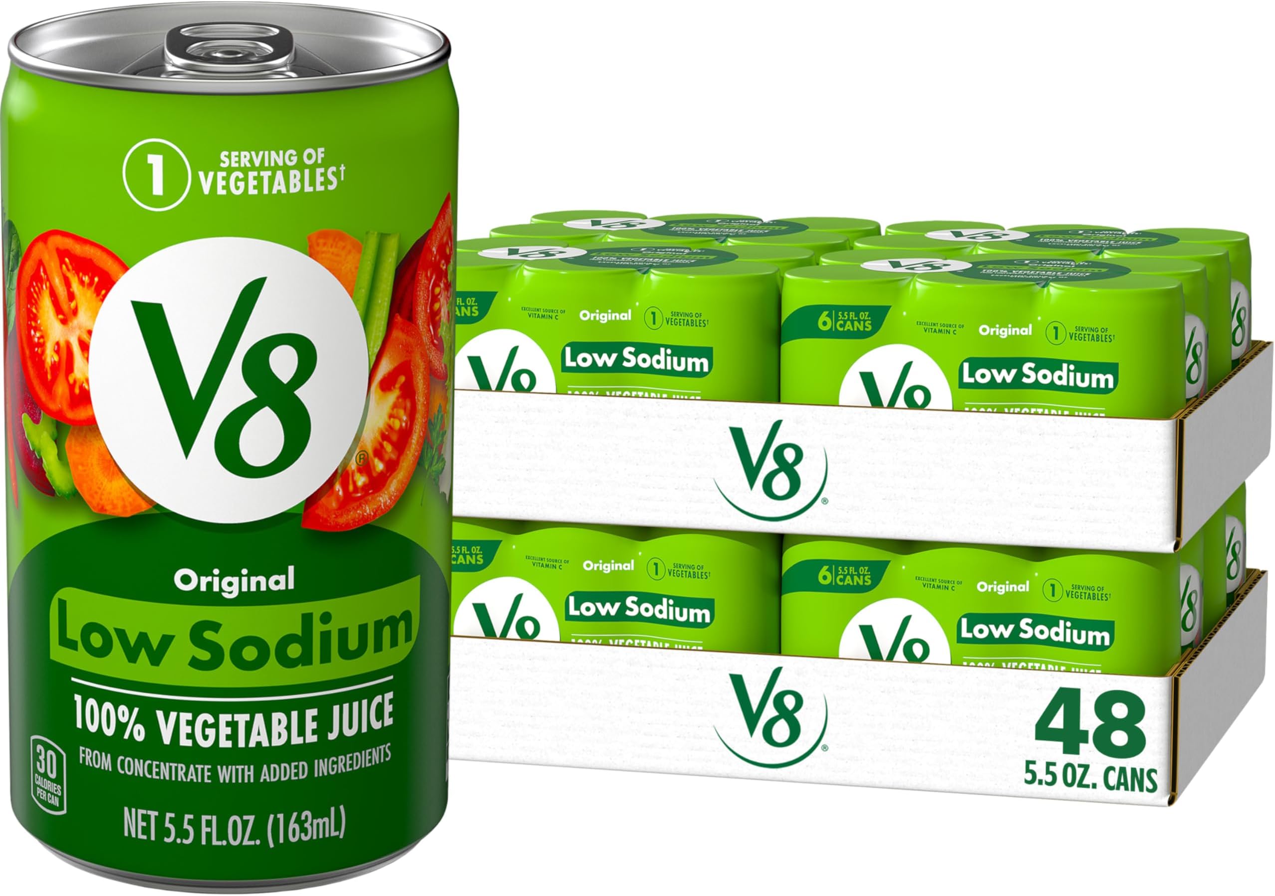 Low Sodium Original 100% Vegetable Juice, Vegetable Blend with Tomato Juice, 5.5 FL OZ Can (8 Packs of 6)