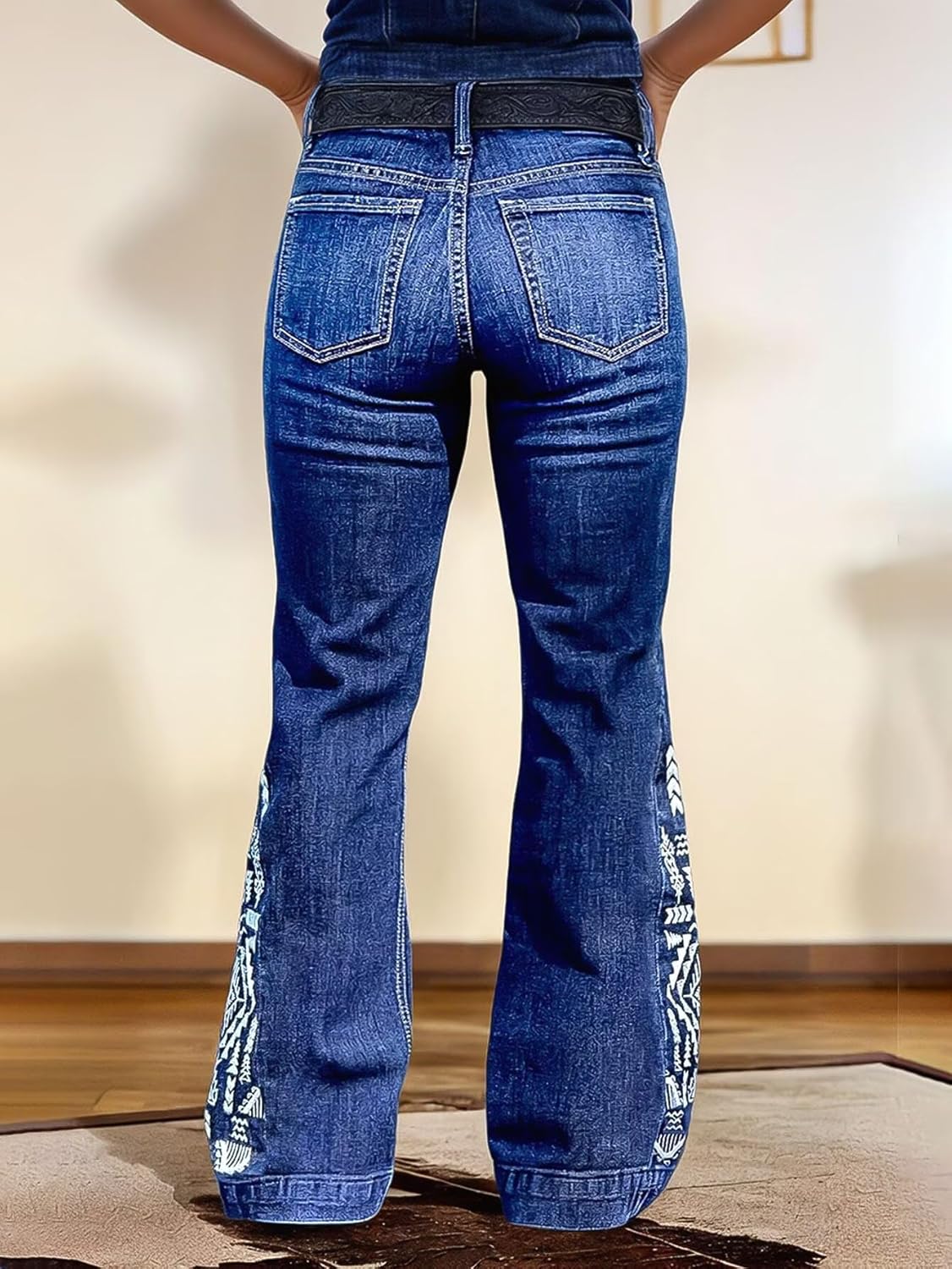 Flamingals Embroidered Boot Cut Jeans for Women Mid Waist Stretchy Trendy Wash Flared Leg Denim Jeans - Image 3