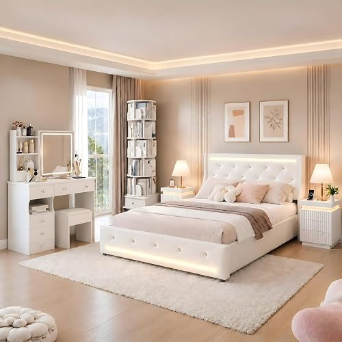 5pc Queen Bedroom Set, Bed Frame, Vanity, Bookshelf, 2 Nightstands