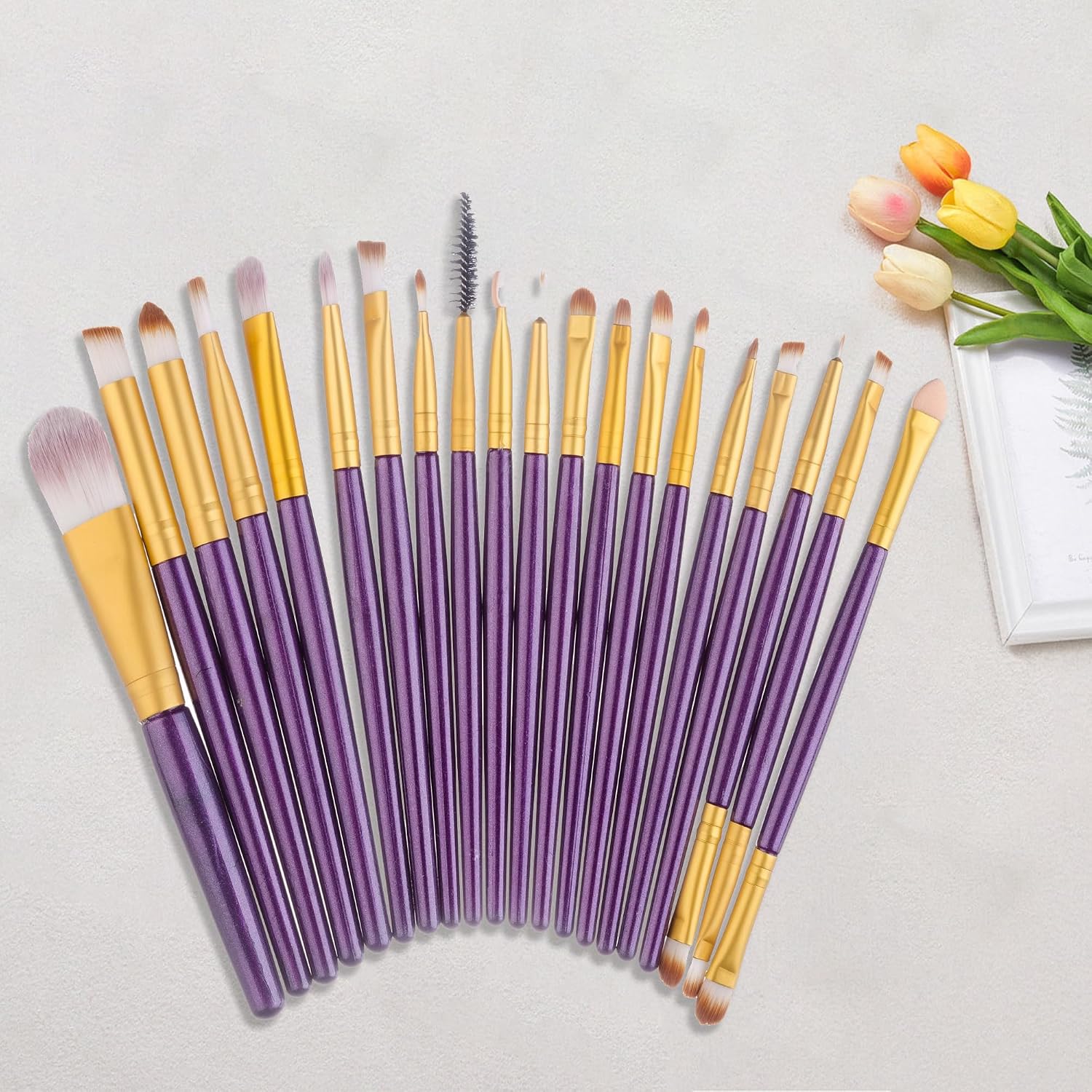 20PCS Synthetic Eye Makeup Brush Set – Purple Handle with Gold Ferrule, Soft Bristles for Blending & Detailing