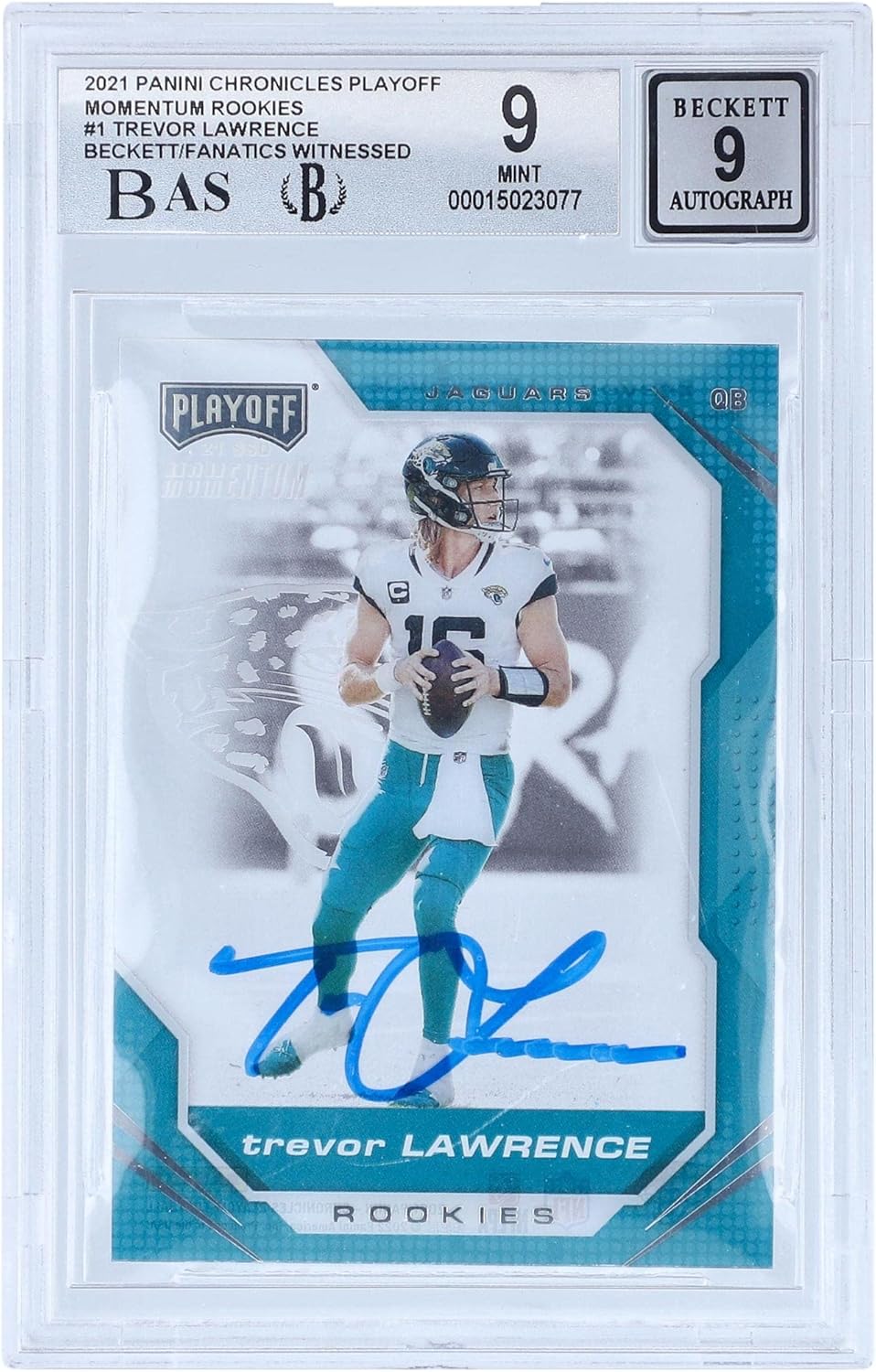 Trevor Lawrence Jacksonville Jaguars Autographed 2021 Panini Chronicles Playoff Momentum #PMR-1 Beckett Fanatics Witnessed Authenticated 9/9 Rookie Card - Football Slabbed Autographed Rookie Cards