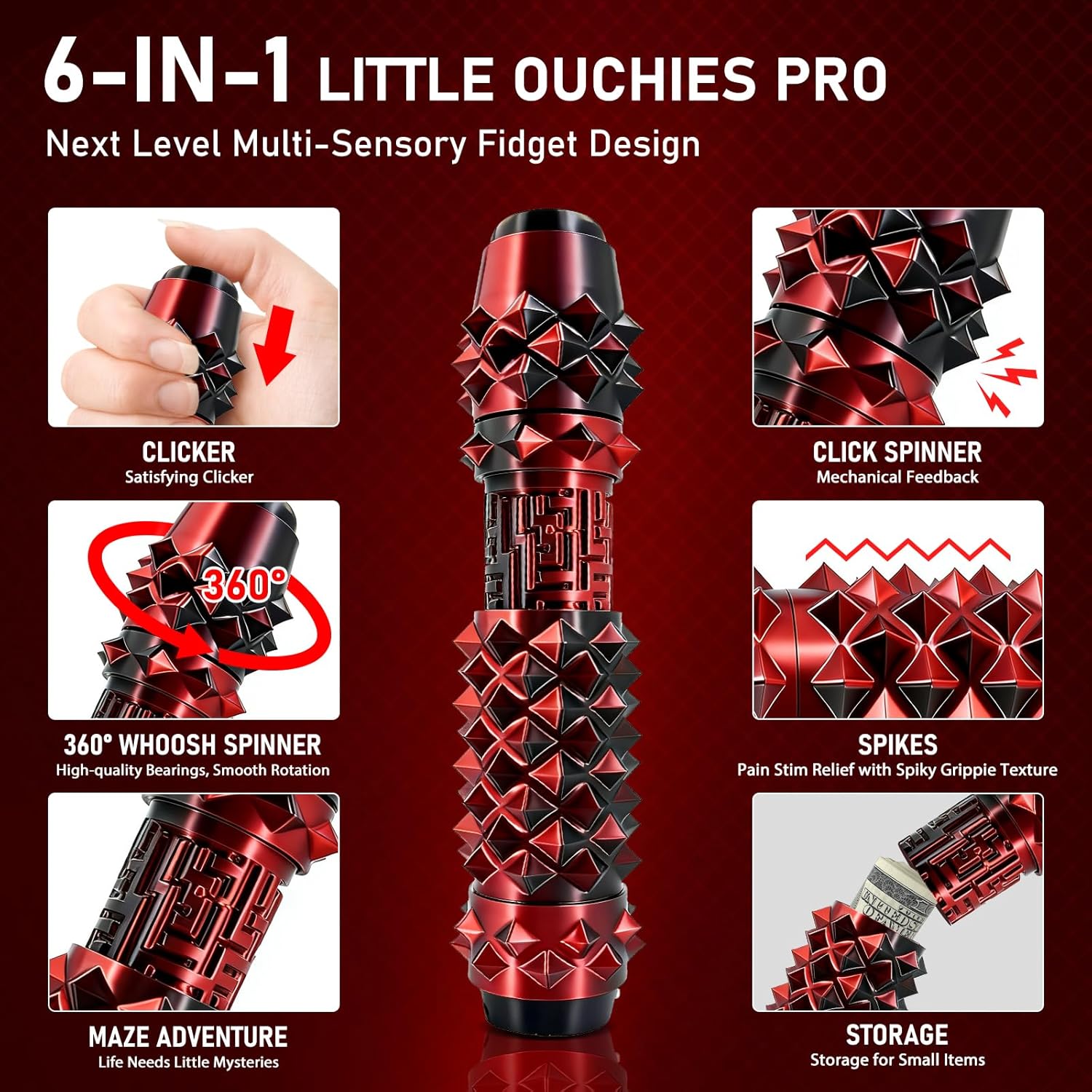 6-in-1, Little Ouchies Pain Fidget Toys for Adults, Pain Stim Fidget with Clicker, Spinner, Storage, Roller, Maze, Spiky Grip, Stress & Anxiety Relief Items, Portable Keychain
