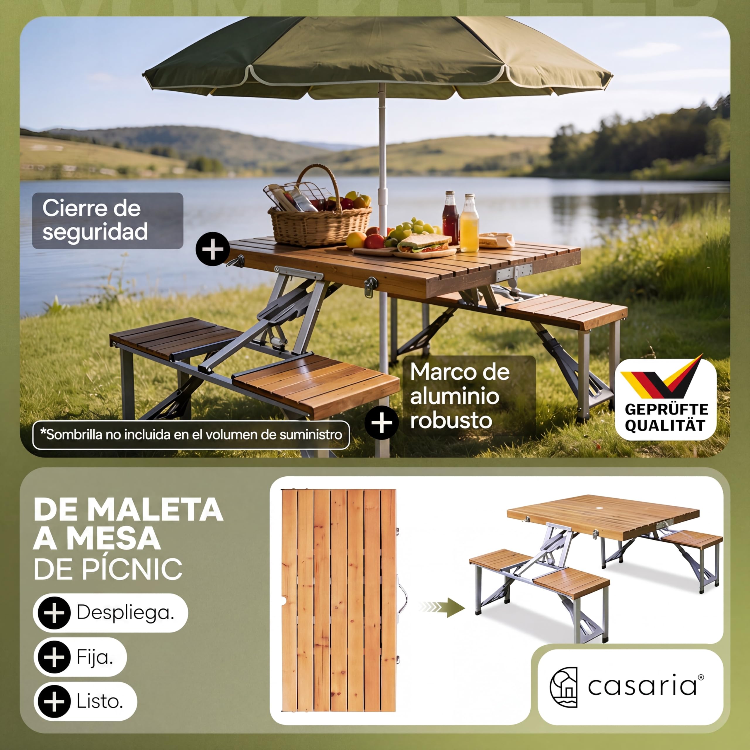 CASARIA® Set de Mesa Plegable Camping y 4 Asientos Madera Función Maleta Compacta Asa de Transporte Orificio para Sombrilla Resistente Intemperie Ideal Picnic Acampada Vacaciones Excursión Festivales