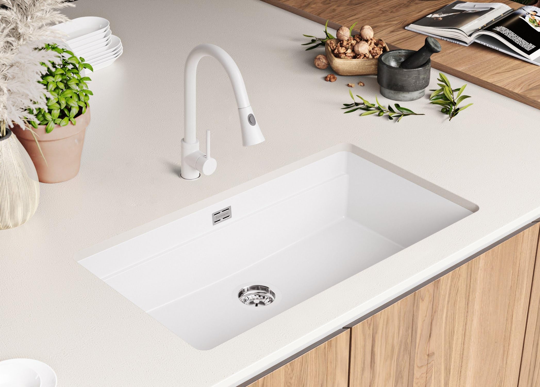 PRIMAGRAN Lavello sottotop al Mobile 90cm + Kit di scarico, 86x47cm