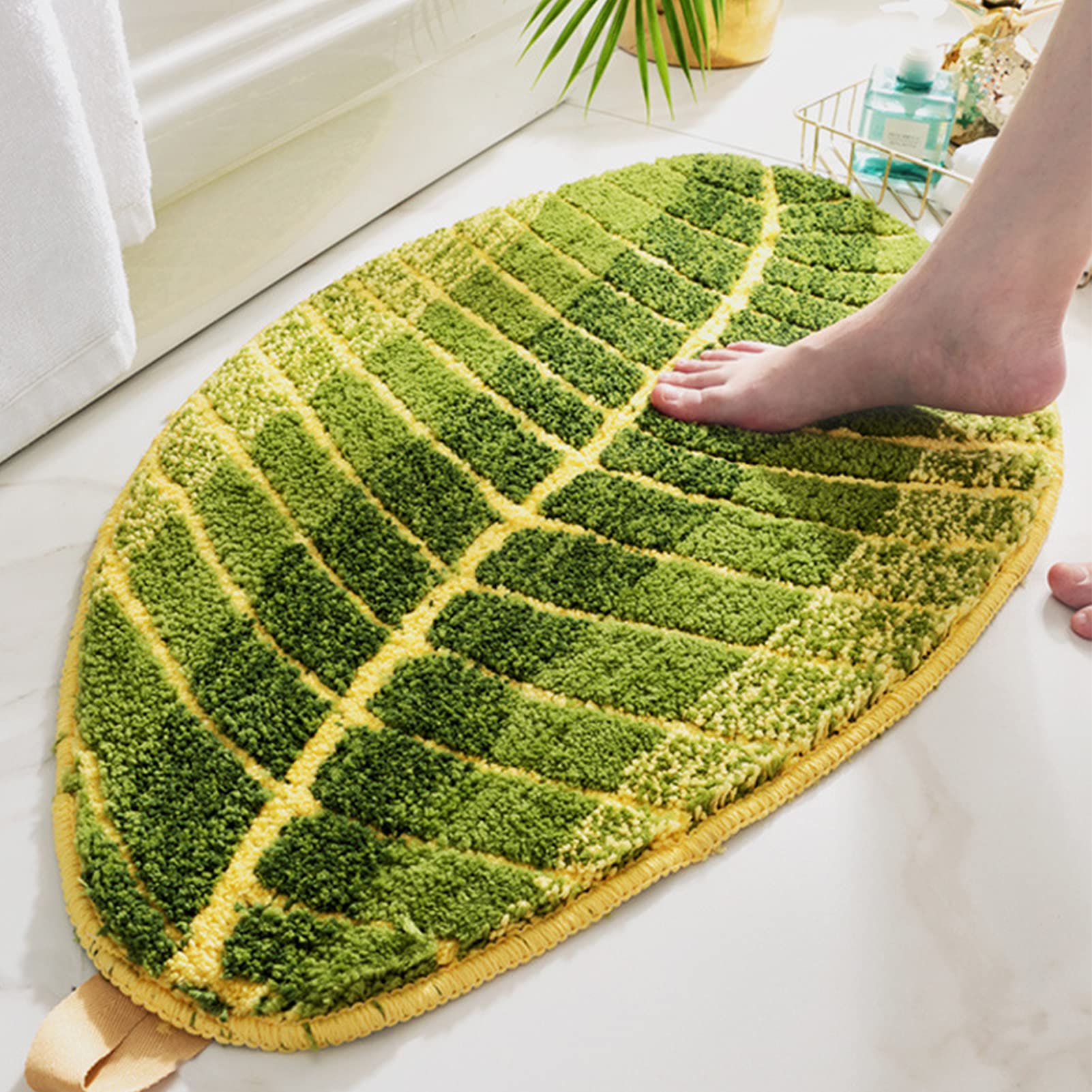 Badezimmerteppich rutschfest, Badvorleger Weiche Saugfähige Grün Blatt Duschmatten,Waschbar Schnelltrocknend Badteppich Badematte, Kinder Fußmatte (140×70cm)