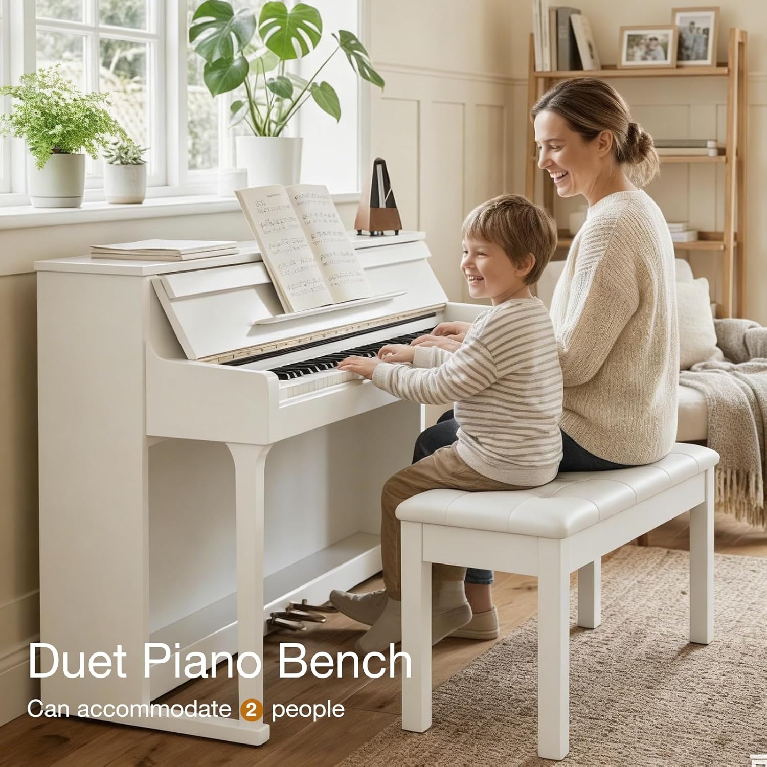 UMOMO Duet Piano Bench with Storage Compartment, Thick Padded Leather Cushion Keyboard 2 Person Stool for Music Books (440LB Capacity) (White)