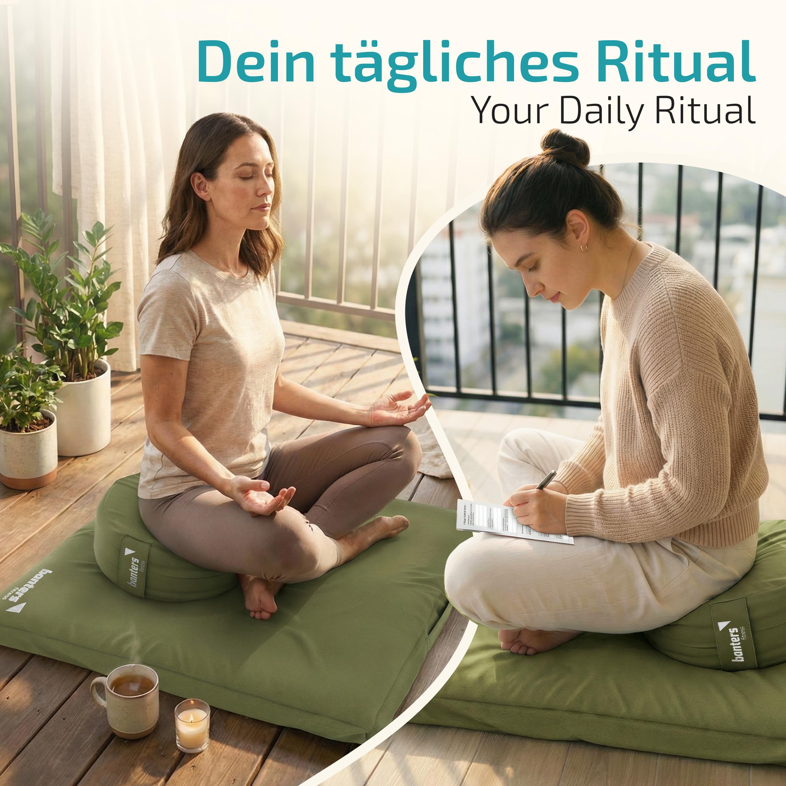 banters Meditationskissen-Set Zafu & Zabuton, Kapok, Bio-Baumwolle, Soft | 3-teilig, Zafu Ø 35 cm/20 cm Höhe, Zabuton 80x80x6 cm, Kapok-Füllung, waschbare Bezüge, Tragegurt 80 cm, Achtsamkeitstagebuch